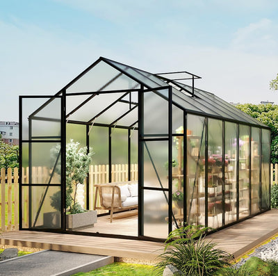 Vigo huseeo 8.2 * 12.2 * 7.8FT Greenhouse for Outdoors,Polycarbonate Greenhouse with Stronger Wind Protection and Roof Vent,Walk-in Large Aluminum Sunroom Winter Proof,Black