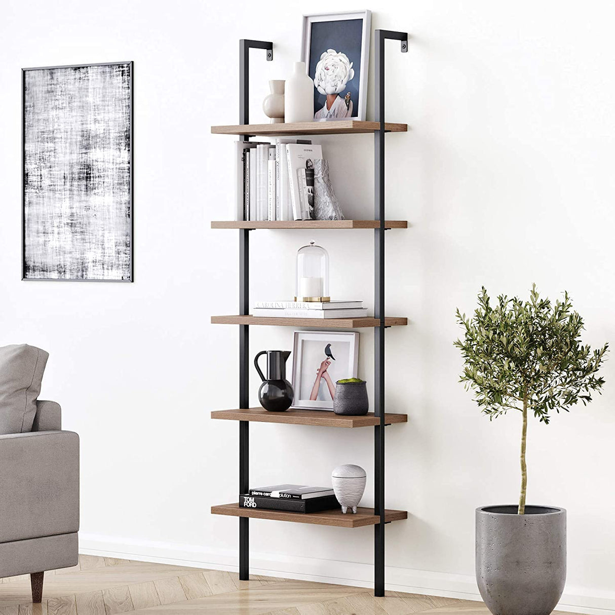 Nathan James Theo 5-Shelf Oak Wood Modern Bookcase, Open Wall Mount Ladder Bookshelf with Industrial Black Metal Frame Nathan James