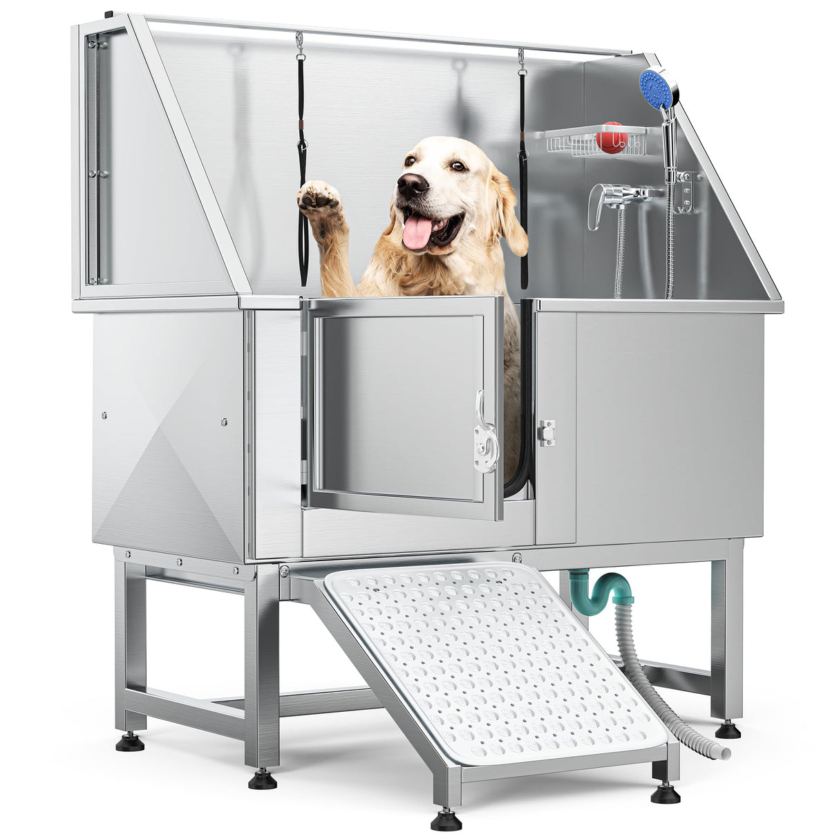 YITAHOME 50" Dog Grooming Tub 304 Stainless Steel Professional Dog Bathing Station w/Ramp, Floor Grate, Faucet, Dog Bathtub for Large, Medium, Small Pets Left Door, Dog Washing Station for Home YITAHOME