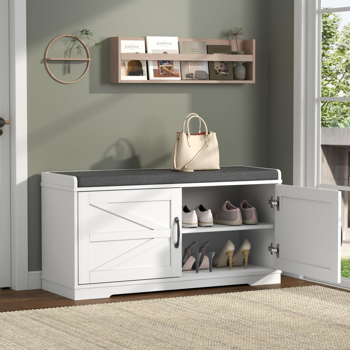 Loomie Shoe Storage Bench, Farmhouse Entryway Bench, 2-Tier Shoe Bench with Padded Seat Cushion, 13.78" D x 39.37" W x 19.69" H, Slim Shoe Cabinet Bench for Entryway, Living Room, Bedroom (White) Loomie