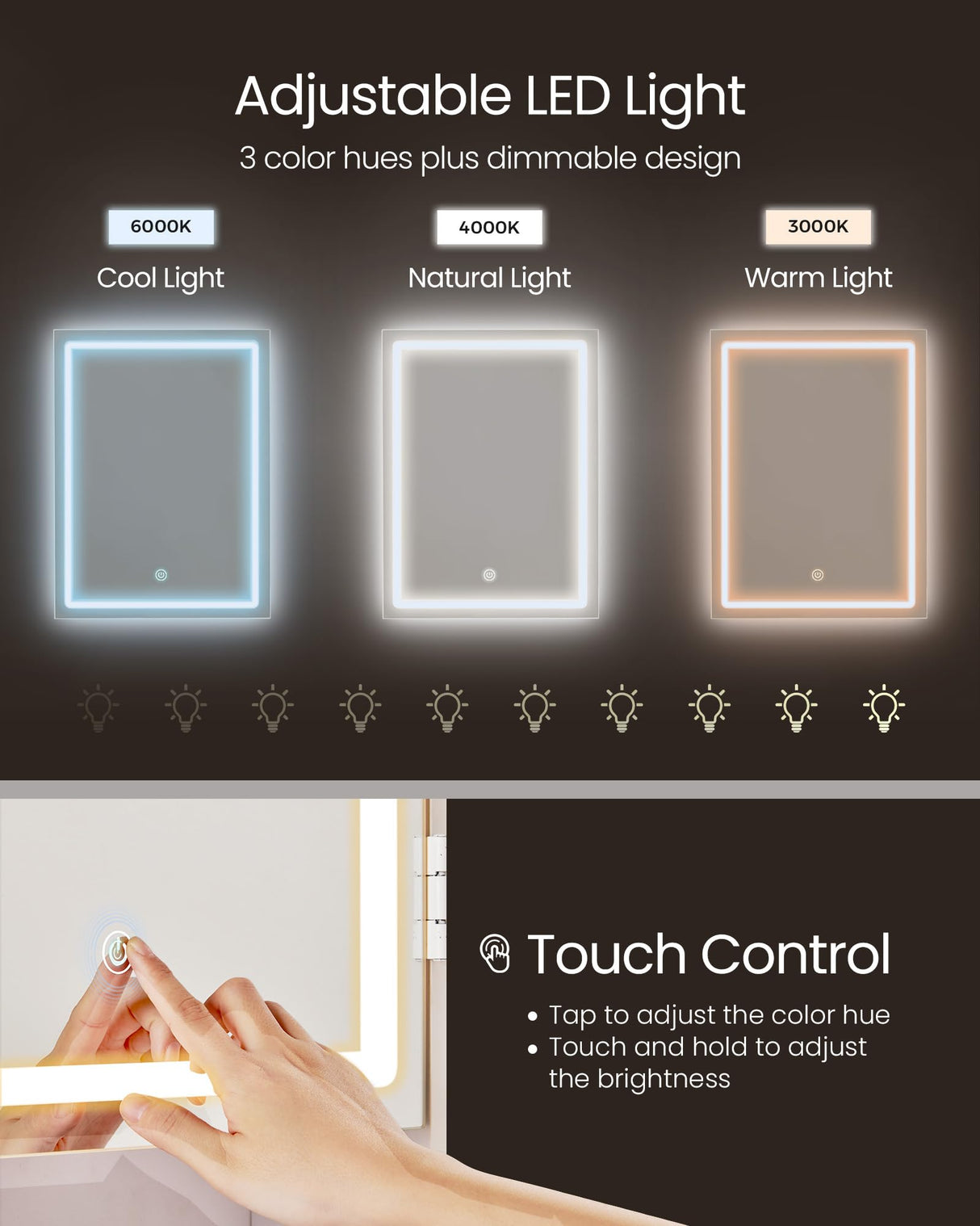 VASAGLE Vanity Desk with Power Outlets, Makeup Vanity with Mirror and Lights, Upholstered Vanity Stool, Dimmable LED Lights, 6 Compartments, 2 Drawers, for Bedroom, Cloud White URDT031W01 VASAGLE