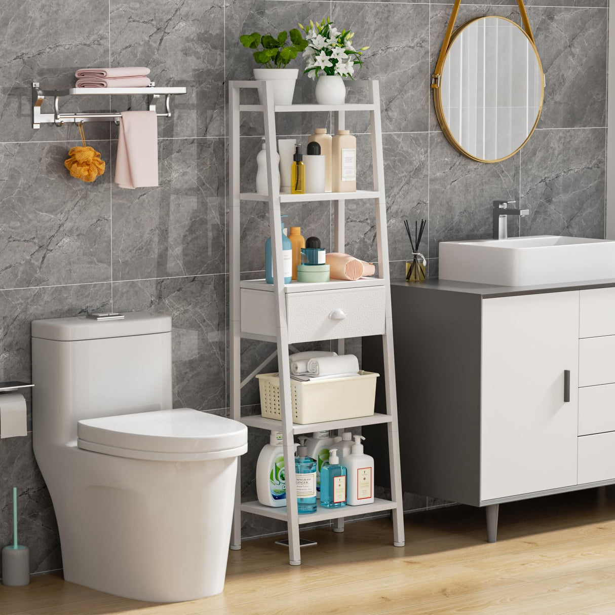 Furologee 5 Tier Bookshelf, Ladder Shelf with Drawer, Tall and Narrow Bookcase, Storage Shelves Organizer,Industrial Display Standing Units for Bathroom,Kitchen,Bedroom,Living Room,White Furologee