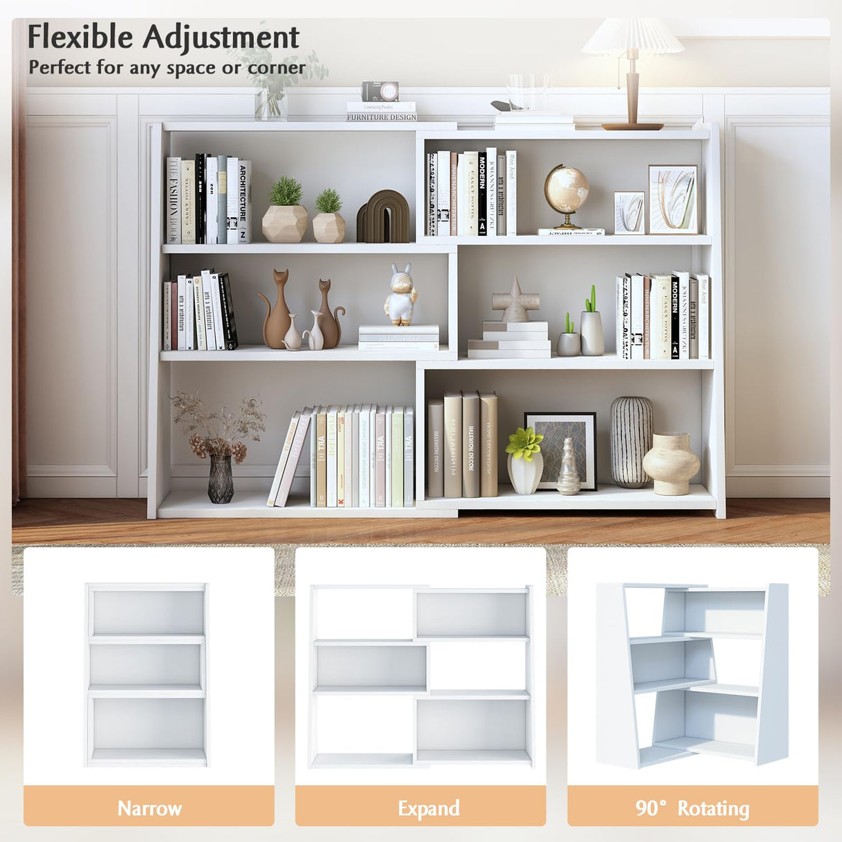 IOTXY Modular White 3-Tier Extendable Ladder Bookshelf for Small Spaces IOTXY