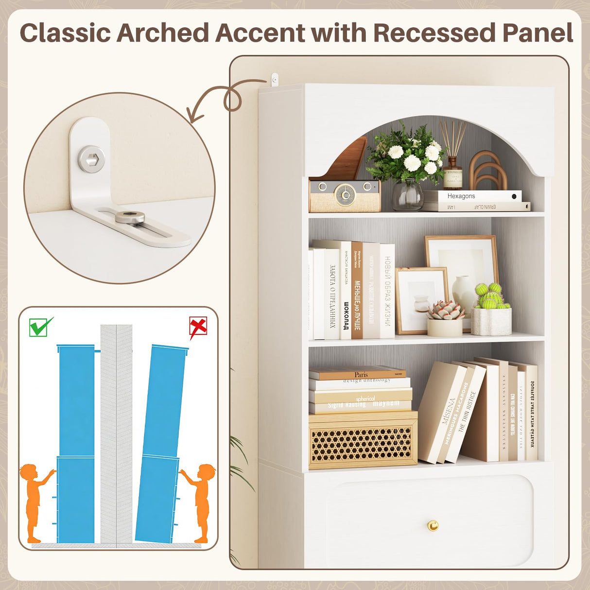 Cyclysio 80" Tall Bookshelf with 3 Drawers, Arched Bookcase with 3-Tier Open Shelves, Wooden Pantry Storage Organizer Cabinets with Seamless Fit Wall for Living Room, Kitchen, Bathroom (White) Cyclysio