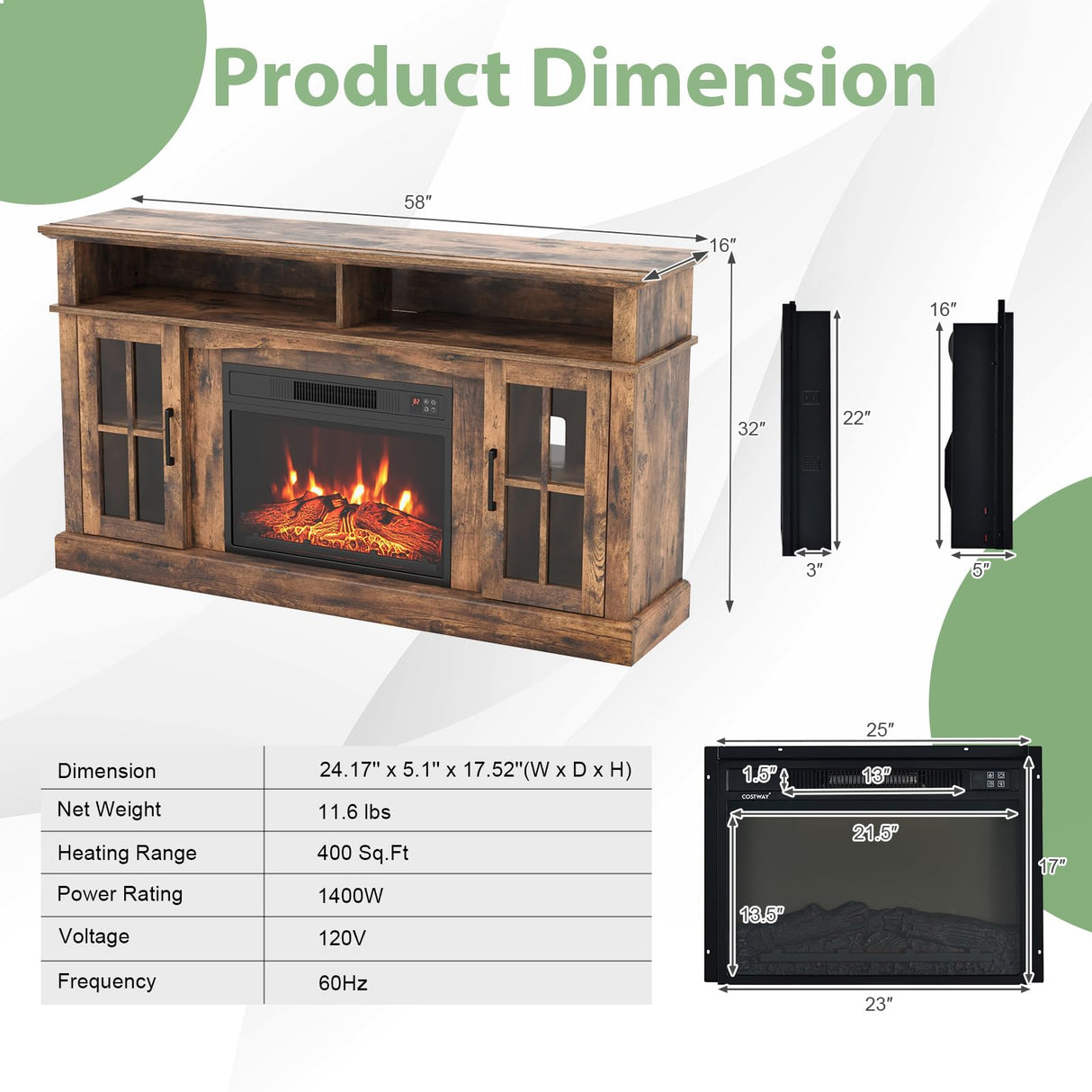 SIMOE Fireplace TV Stand with 23 Inch Fireplace, Electric Fireplace TV Console for TVs up to 65", Entertainment Center with 2 Cabinets & Remote Control, 6H Timer & 3 Flame Brightness, Brown, 58 Inches SIMOE