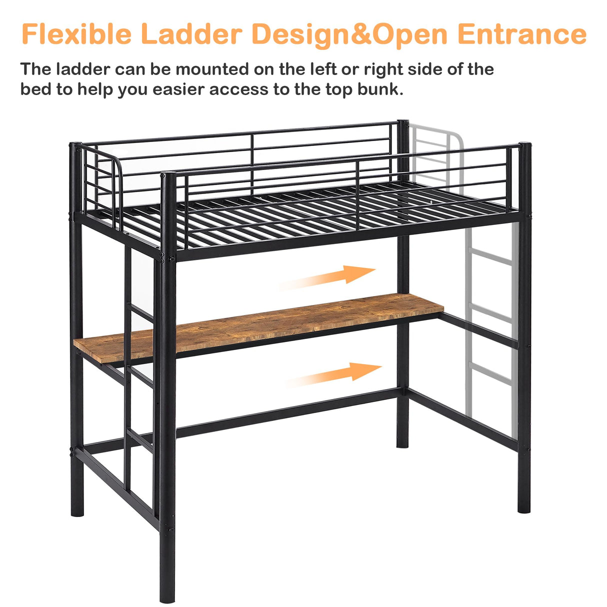 VECELO Metal Loft Bed Twin Size with Desk, Heavy Duty Bedframe with Removable Ladder and Safety Guardrail, Space-Saving, Noise Free, No Box Spring Needed, Matte Black VECELO