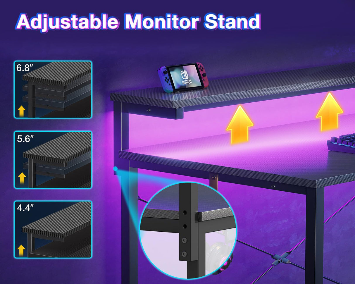 MOTPK Gaming Desk with Led Lights & Power Outlet, 40 Inch Small Gaming Computer Desk with Shelves, Reversible Gamer Desk Table with Adjustable Monitor Stand & Headphone Hook, Carbon Fiber Texture MOTPK