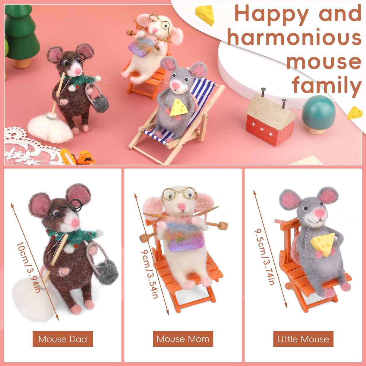 OEHPICC Mouse Family Needle Felting Kit,Needle Felting Starter Kit, Mice Felting Kit for Beginner Adults with Felting Supplies and Instructions for DIY Felting OEHPICC
