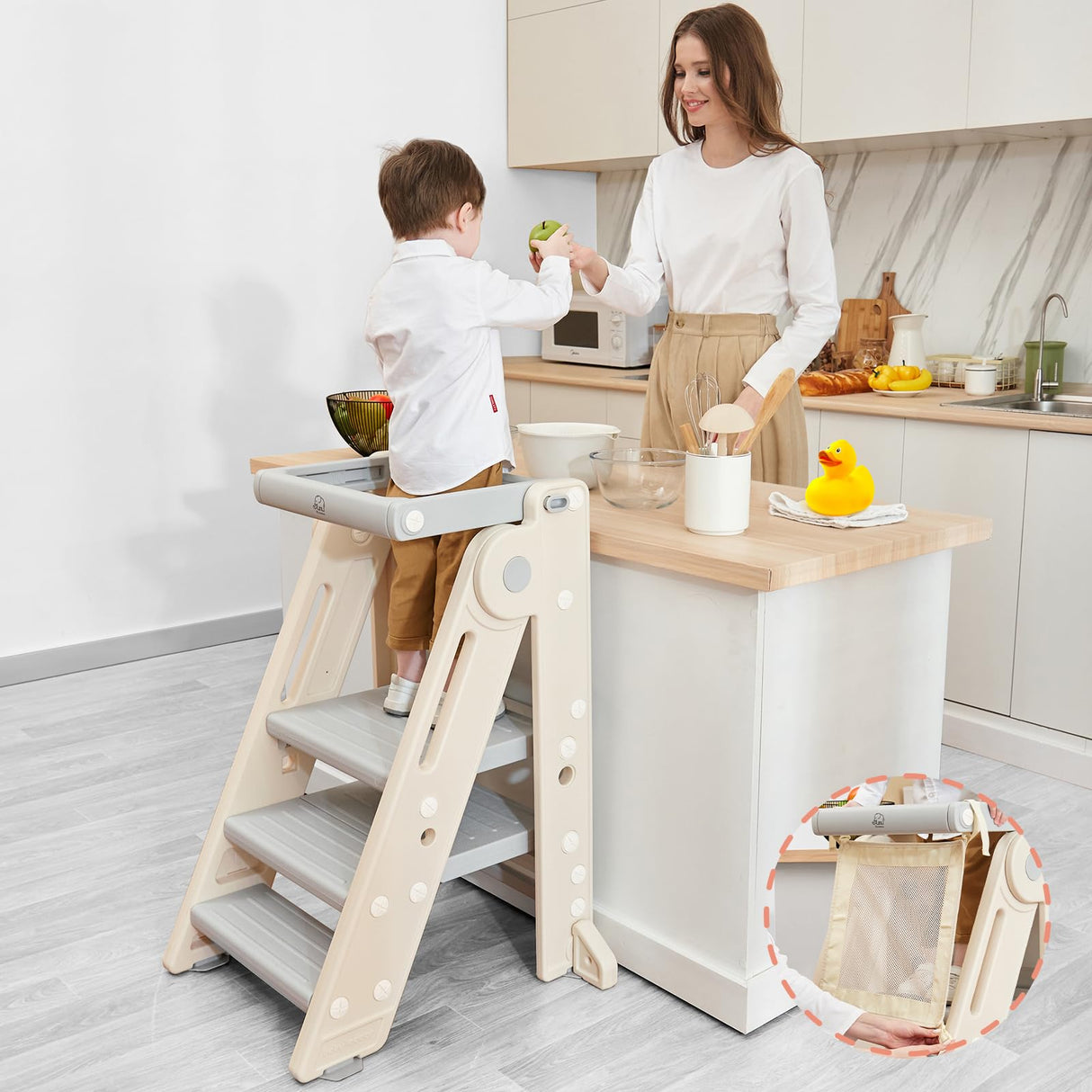 Forbena Foldable Toddler Tower Kitchen Learning Stool Helper, Montessori Kids Standing Tower for Counter, Collapsible Adjustable Baby Child Step Stool with Safety Net for Bathroom Sink (Grey) Forbena
