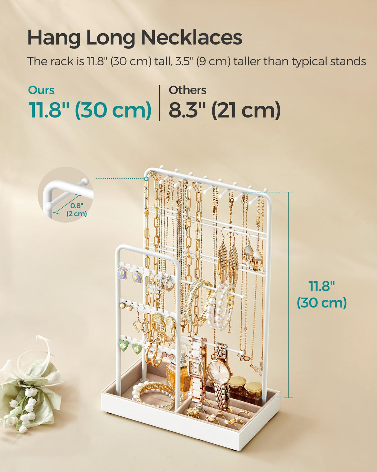 SONGMICS Jewelry Holder, Jewelry Organizer, Jewelry Display Stand with Metal Frame, Velvet Tray, Necklace Earring Bracelet Holder, for Studs, Rings, Gift Idea, Matte White UJJS021W01 SONGMICS