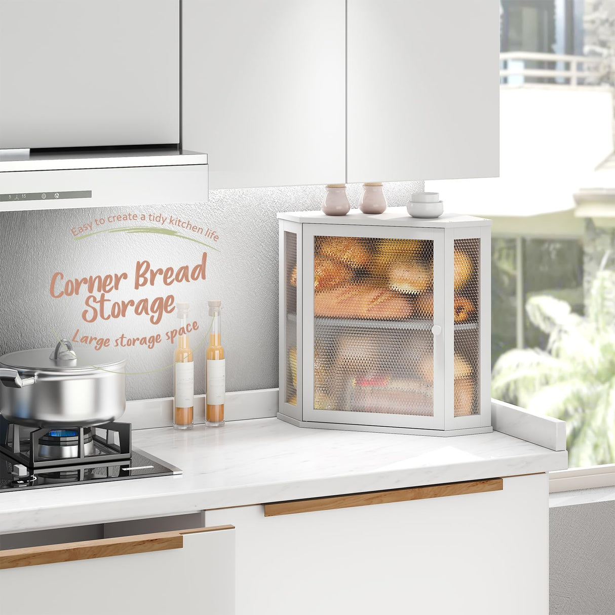 STDDRE Corner Bread Box Kitchen Countertop Extra Large Capacity Farmhouse Bread Box, Corner Countertop Storage, Double Layer Bread Holder (White, Extra Large) STDDRE