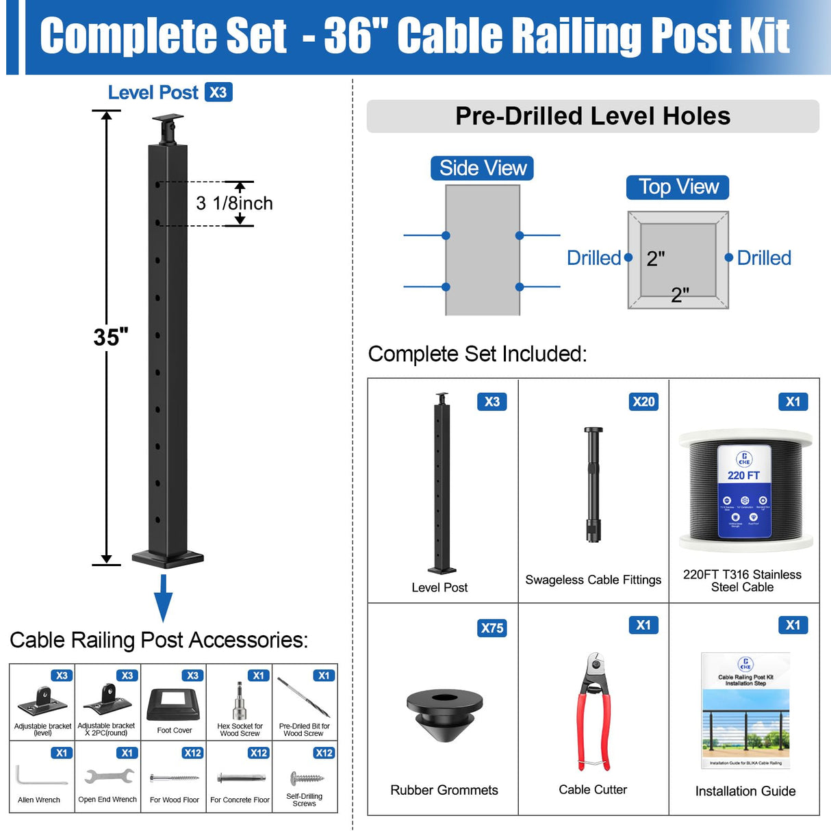 CKE 10-15ft Complete Set 36" Cable Railing Post Kit, 3Pack Adjustable Top Level Drilled Line Posts(35"x2"x2"), 220ft 1/8" Wire Rope, Black Swageless Invisible Cable Railing Kit (No Handrail) LPS01 CKE