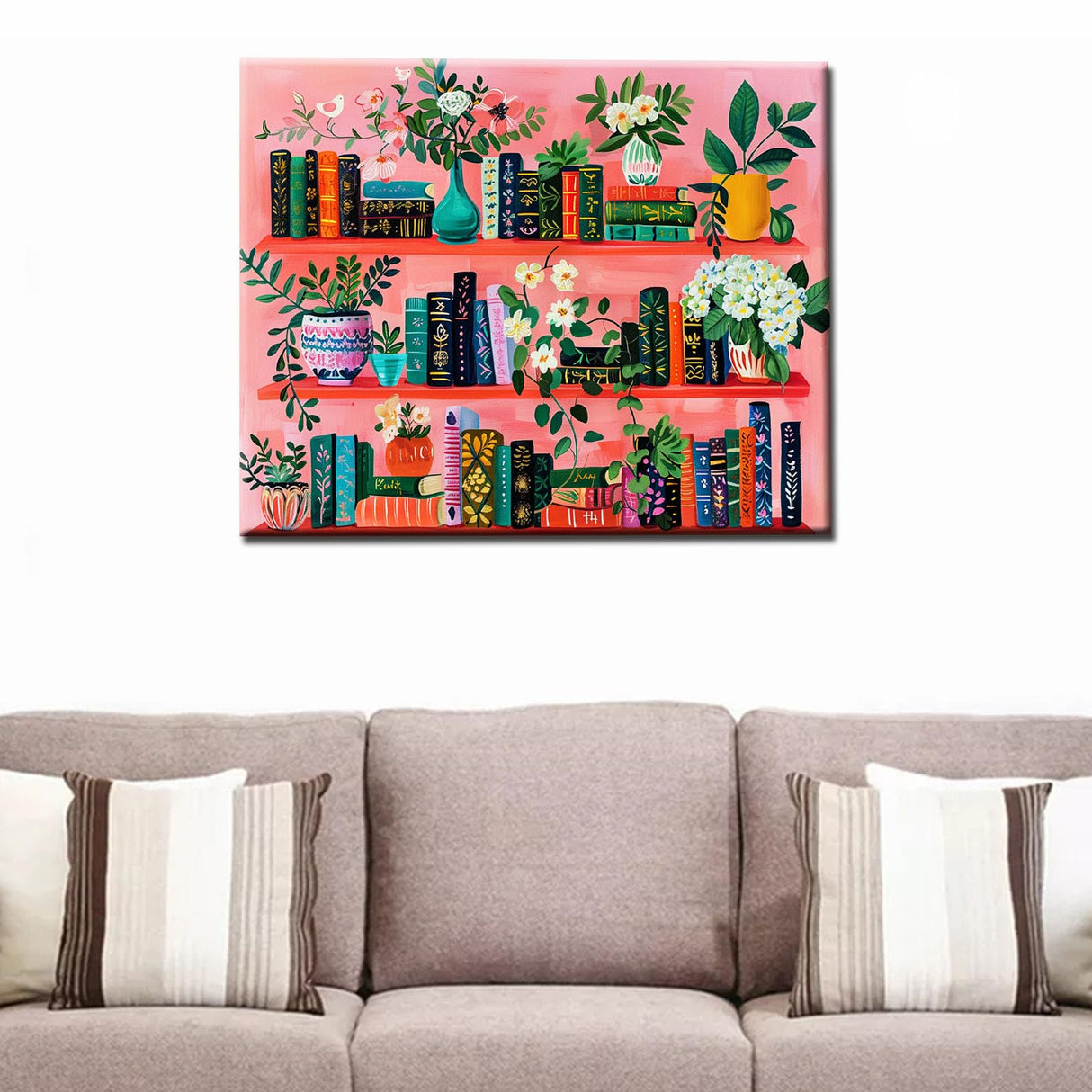 Bookshelf Book Theme Pink Library Paint by Numbers Kits for Adult Paint by Numbers Boho Painting Kits on Canvas with Brushes and Acrylic Pigment for Home Wall Decor Without Framed 16''W x 20''H Aihonmin