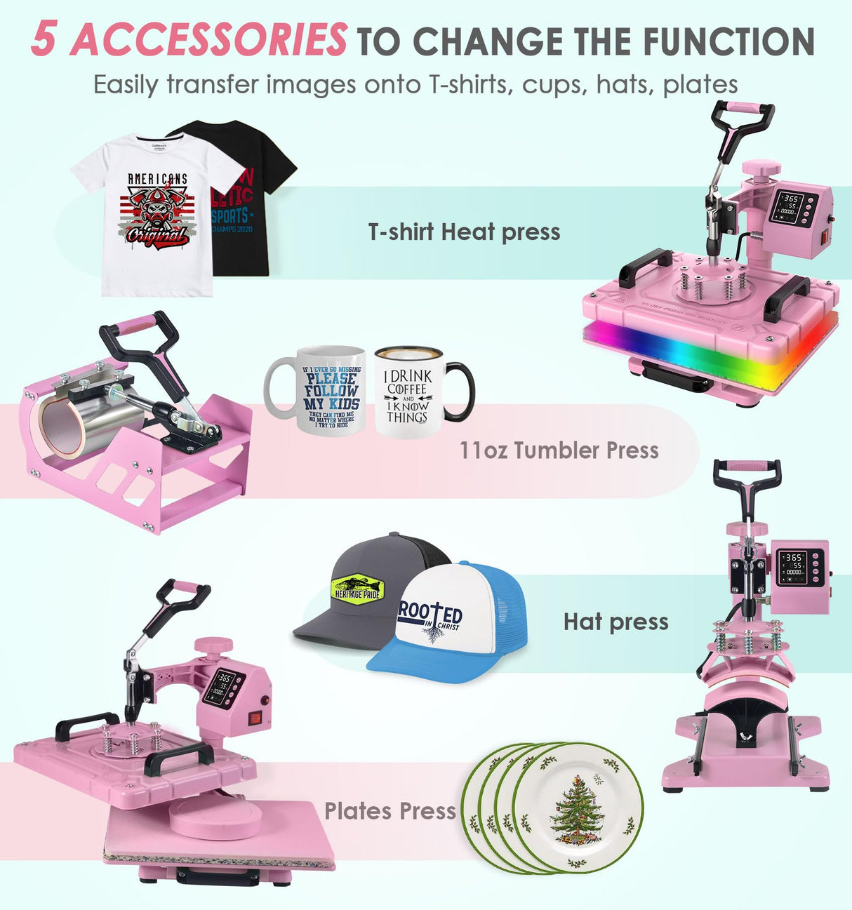 Slendor 5 in 1 Heat Press Machine 12x15 Inch T-Shirt Pressing Machine 360° Swing Away Sublimation Heat Press Digital Heat Transfer with 11OZ Tumbler Press, Multifunction Combo for Hat Cap Mug Plate Slendor