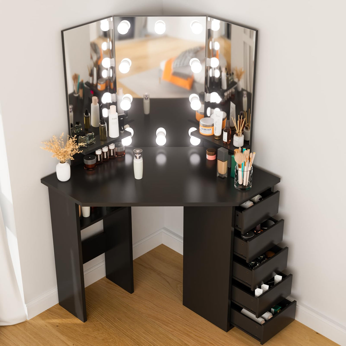 Corner Makeup Vanity Desk with Lighted Mirror - Bedroom Vanity Table Mirror with 5 Drawer and Storage Shelf, 3 Lighting Modes Adjustable, Makeup Table for Women Girls Black 44" Soldow