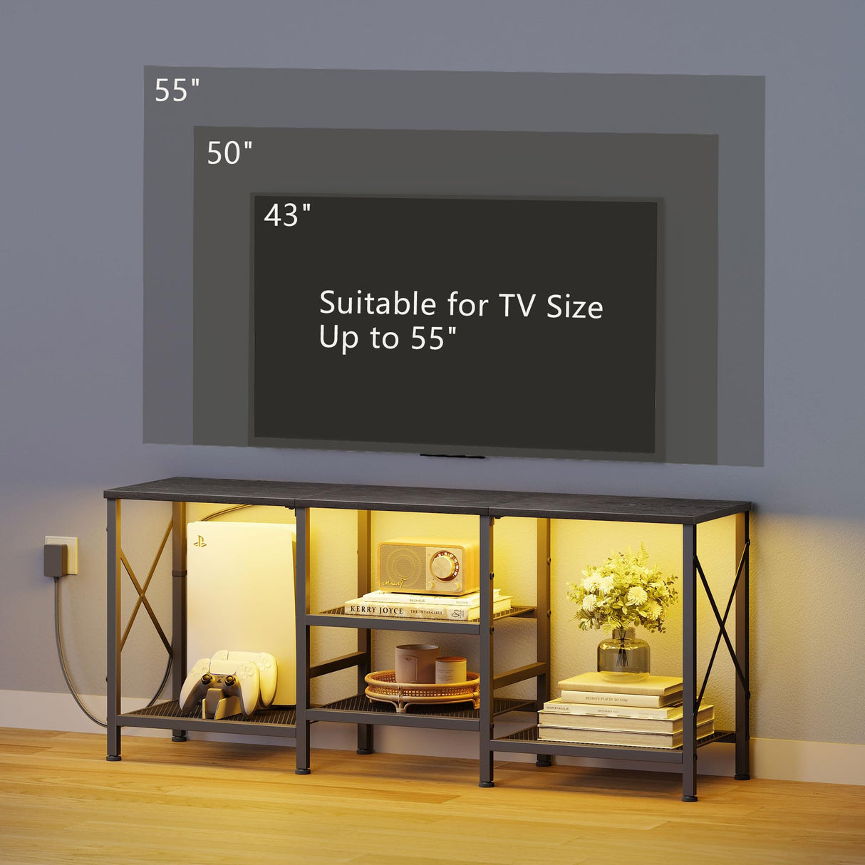 JARHETUN TV Stand with LED Lights for 55 Inch TV, Entertainment Center with 3-Tier Open Shelves, TV Console Table for Living Room, Bedroom, Black JARHETUN