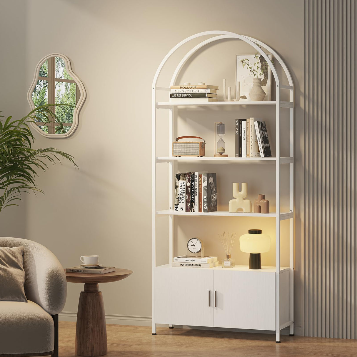 Saudism Arched Bookshelf with Doors, 71" Tall Industrial Bookcase with Sturdy Metal Frame, Freestanding Display Shelving Unit, White Geometric Book Shelf for Lving Room, Bedroom, Home Office Saudism
