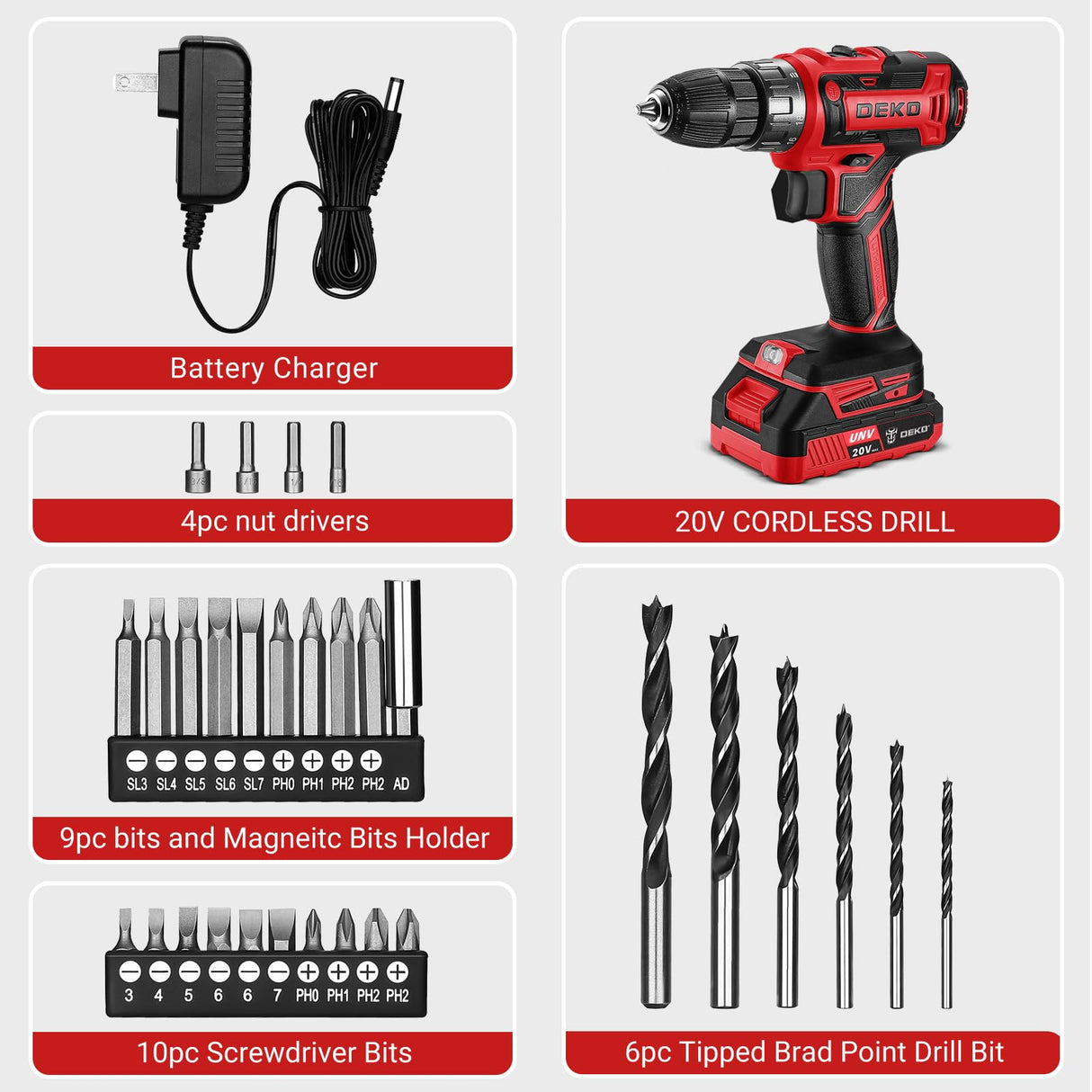 Power Drill Cordless: DEKO PRO Cordless Drill 20V Electric Power Drill Set Tool for Women Drills Cordless with Battery and Charger Drill Driver 20 Volt Drill Driver Kit Red DEKOPRO