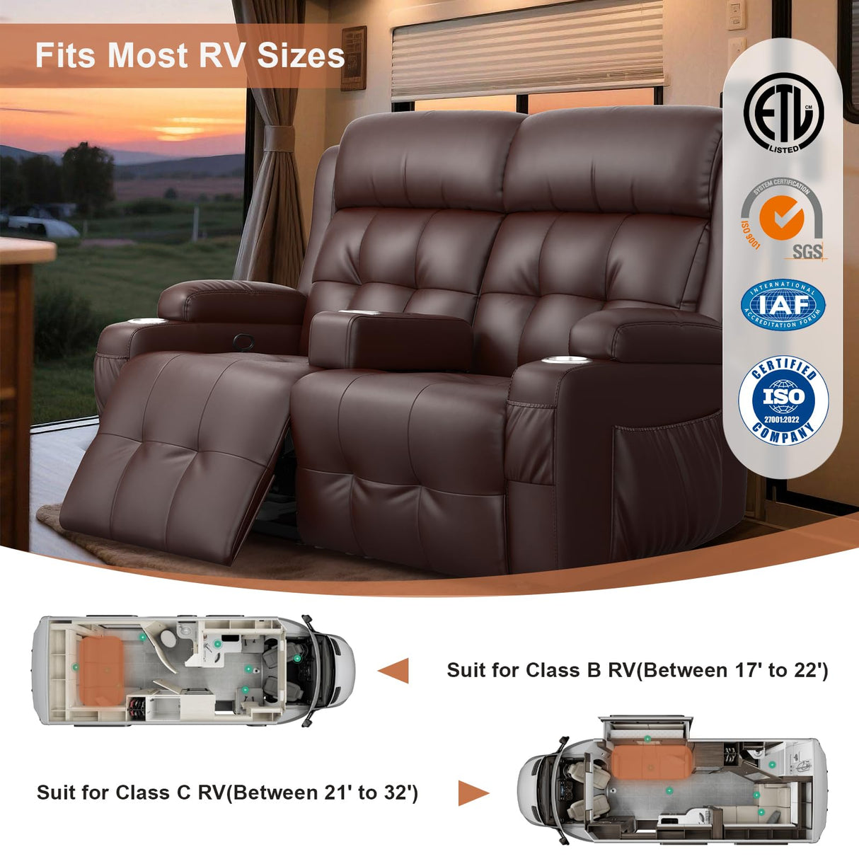 Tiooii RV Loveseat Recliner Sofa, Oversized Massage Wall Hugger Recliners with Insert Pockets, Cup Holders, Reclining Couch, 150° Adjustable Recline & Padded Armrests, for RV Furniture & Living Room Tiooii
