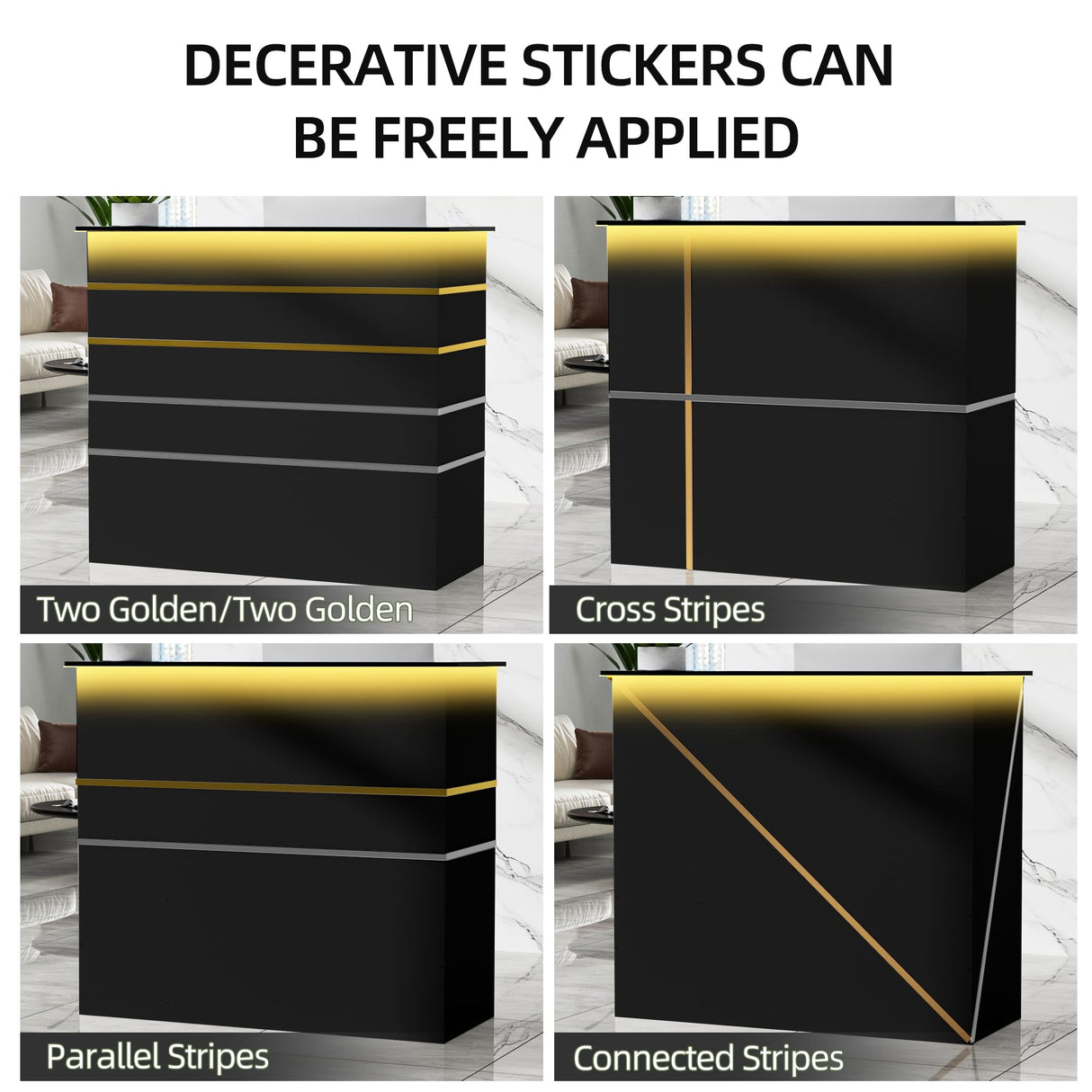 OUTGUAVA Modern Front Desk & Reception Desk with LED Lighting, 50-inch Retail Counter with Power Socket, DIY Stripe for Checkout, Lobby, Salon, Offices - Black OUTGUAVA