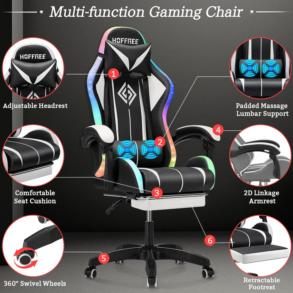 Gaming Chair with Speakers and Lights Ergonomic Computer Gaming Chair with Footrest LED RGB Lights Massage High Back Music Video Game Chair with Lumbar Support White and Black VANSPACE