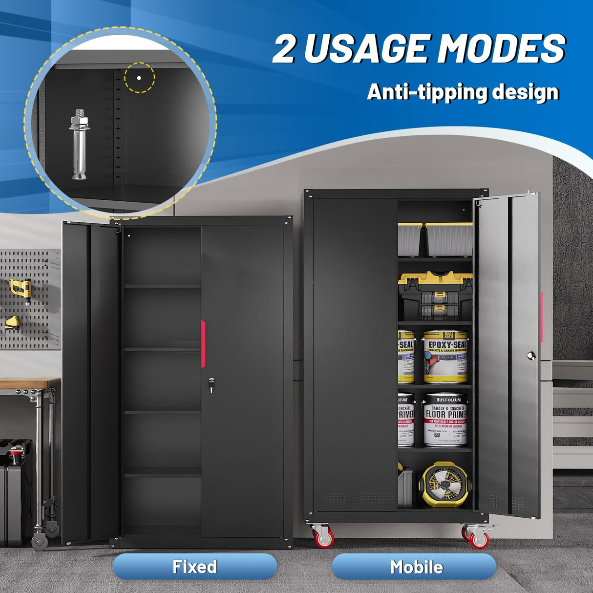 Rumetol Metal Storage Cabinet with Wheels,71" Garage Cabinets with 4 Adjustable Shelves and Lockable Doors,Black Locking Cabinet Suitable for Garages,Home,Office Rumetol