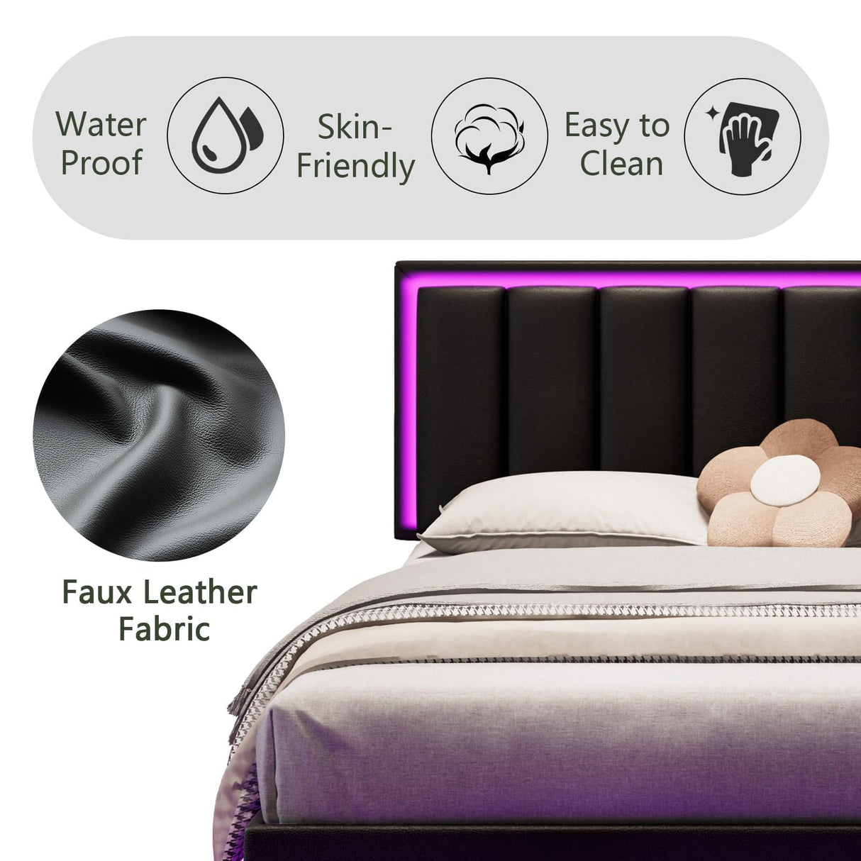 IMMERSTABLE Floating Full Bed Frame with LED Lights, Upholstered Bed Frame Full with Headboard, Solid Wood Slats Support, Full Size Bed Frame No Box Spring Needed, Noise-Free, Easy Assembly, Black IMMERSTABLE