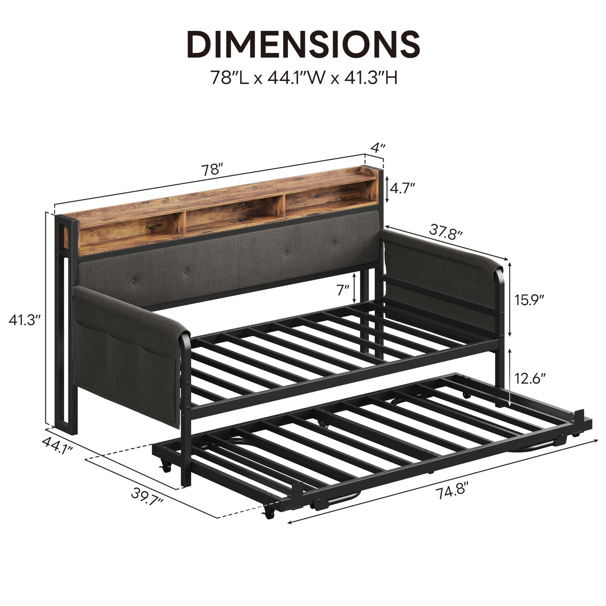 LIKIMIO Daybed with Trundle, Twin Bed Frame with Upholstered Headboard and Charging Station, Sofa Day Bed with Strong Supports for Living Room, Bedroom and Guest Room, Black LIKIMIO