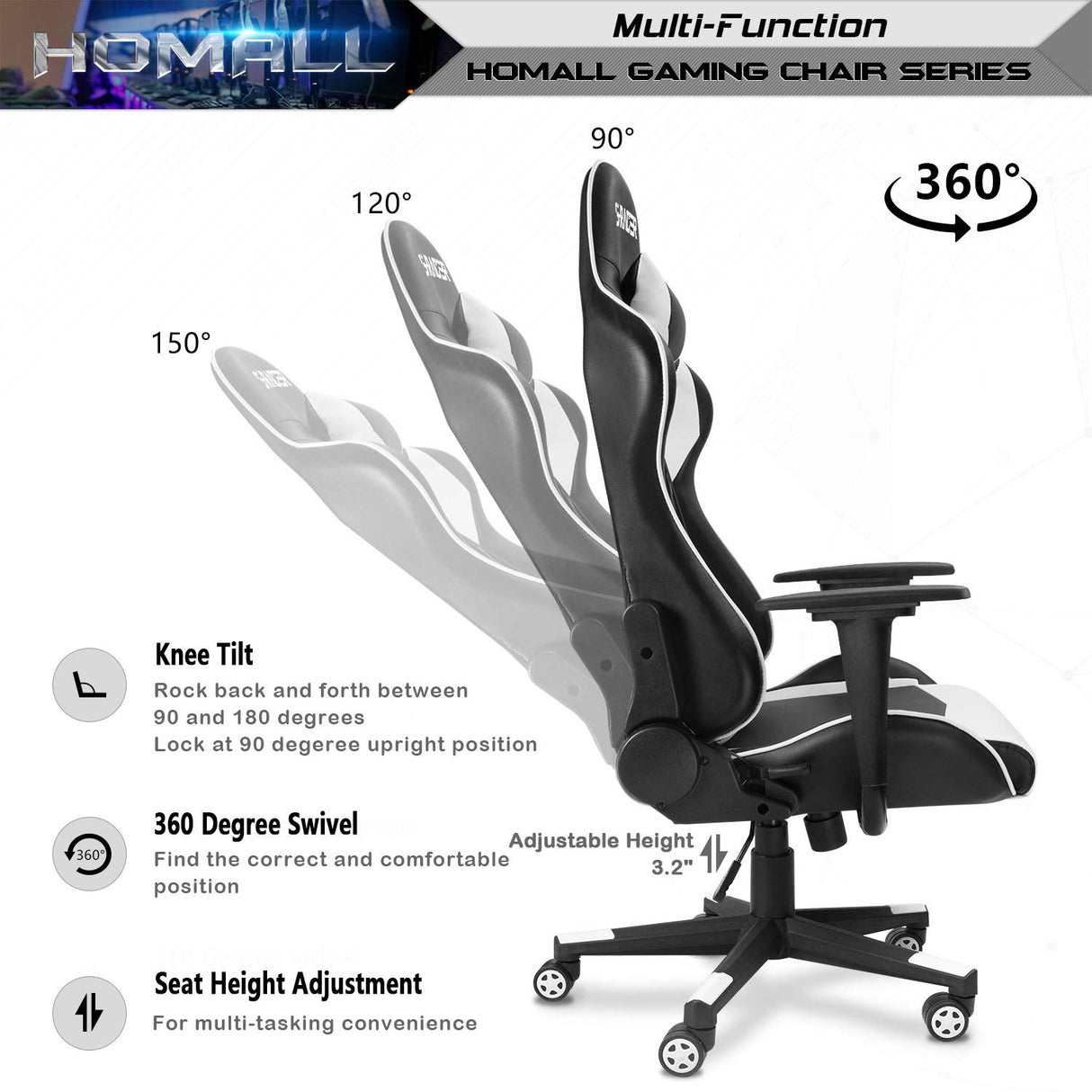 Homall Gaming Chair, Office Chair High Back Computer Chair Leather Desk Chair Racing Executive Ergonomic Adjustable Swivel Task Chair with Headrest and Lumbar Support (White) Homall