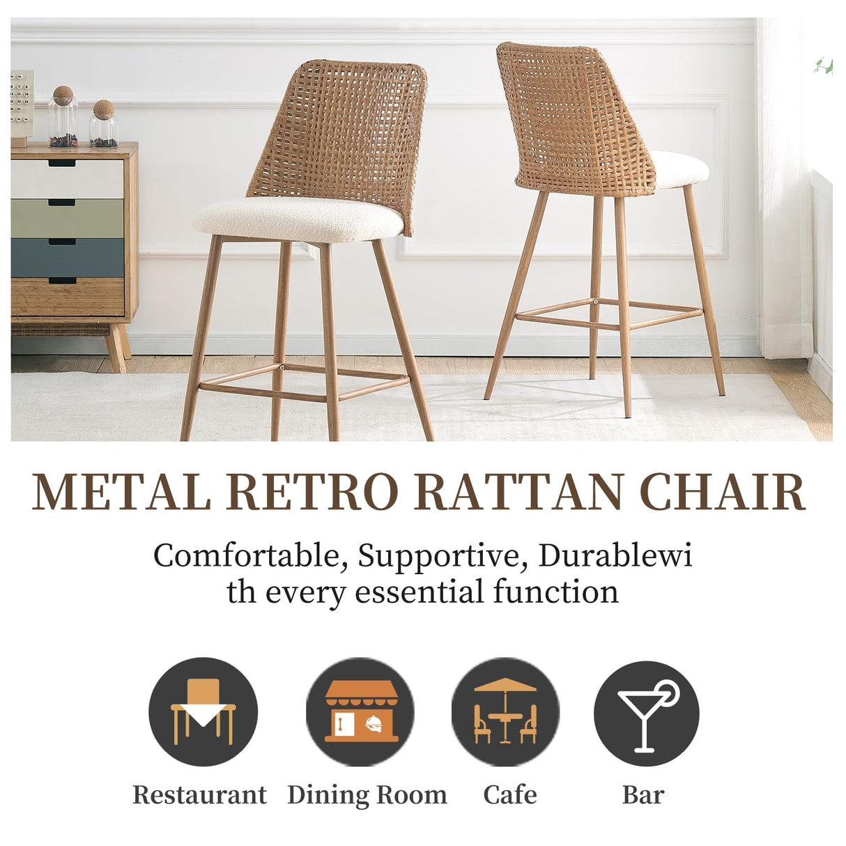 Modern Rattan Bar Stools Set of 2,Modern Upholstered Counter Height Bar Stools with PE Cane Back,26" H Seat Height Bar Chair Island Stools with Solid Metal Legs for Kitchen Counter Home Pub,Brown JALOURT