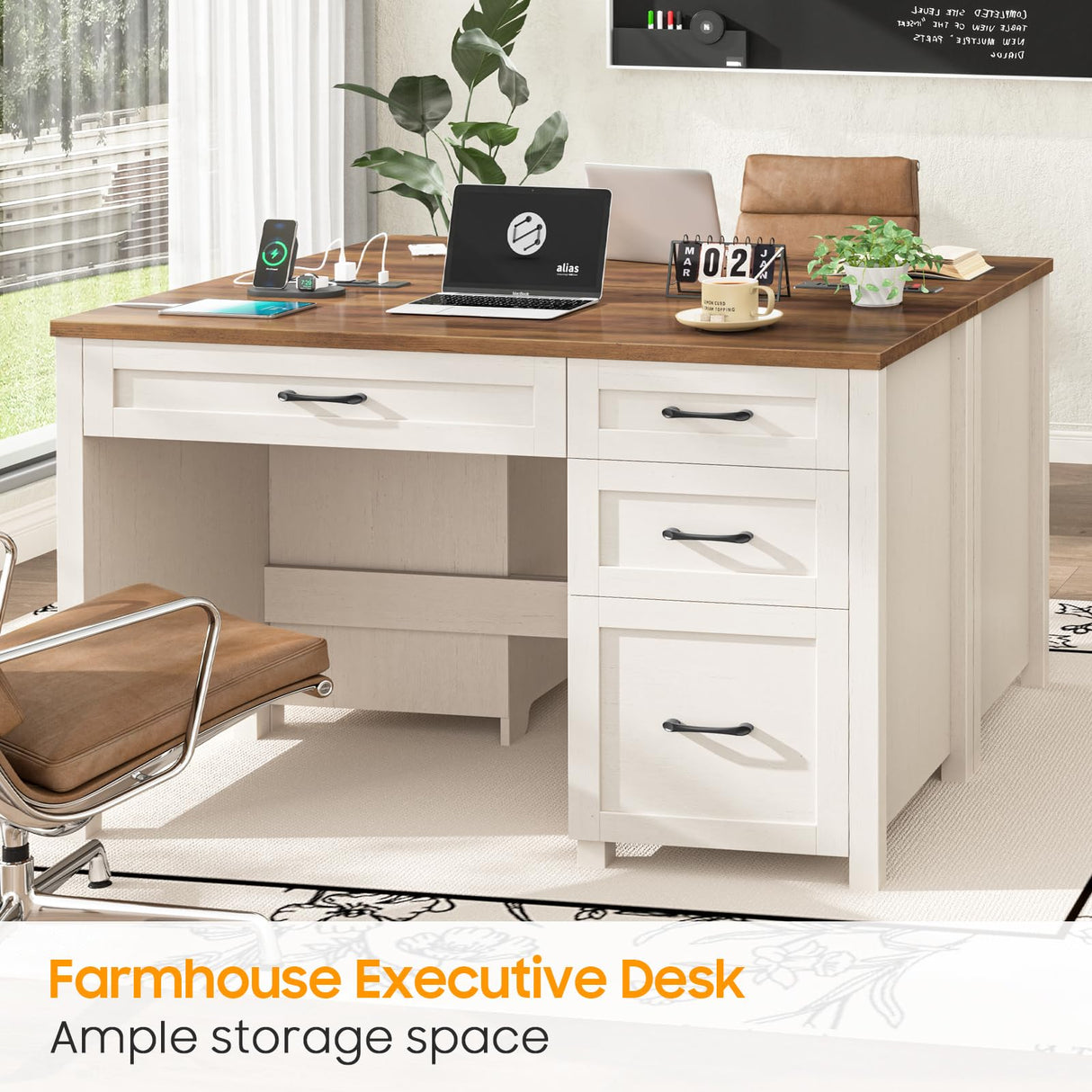 Vabches Farmhouse 47" Executive Desk with 4 Drawers, Computer Desk with File Drawer and Charging Station, Workstation for Home Office, Study.(Unique White) Vabches
