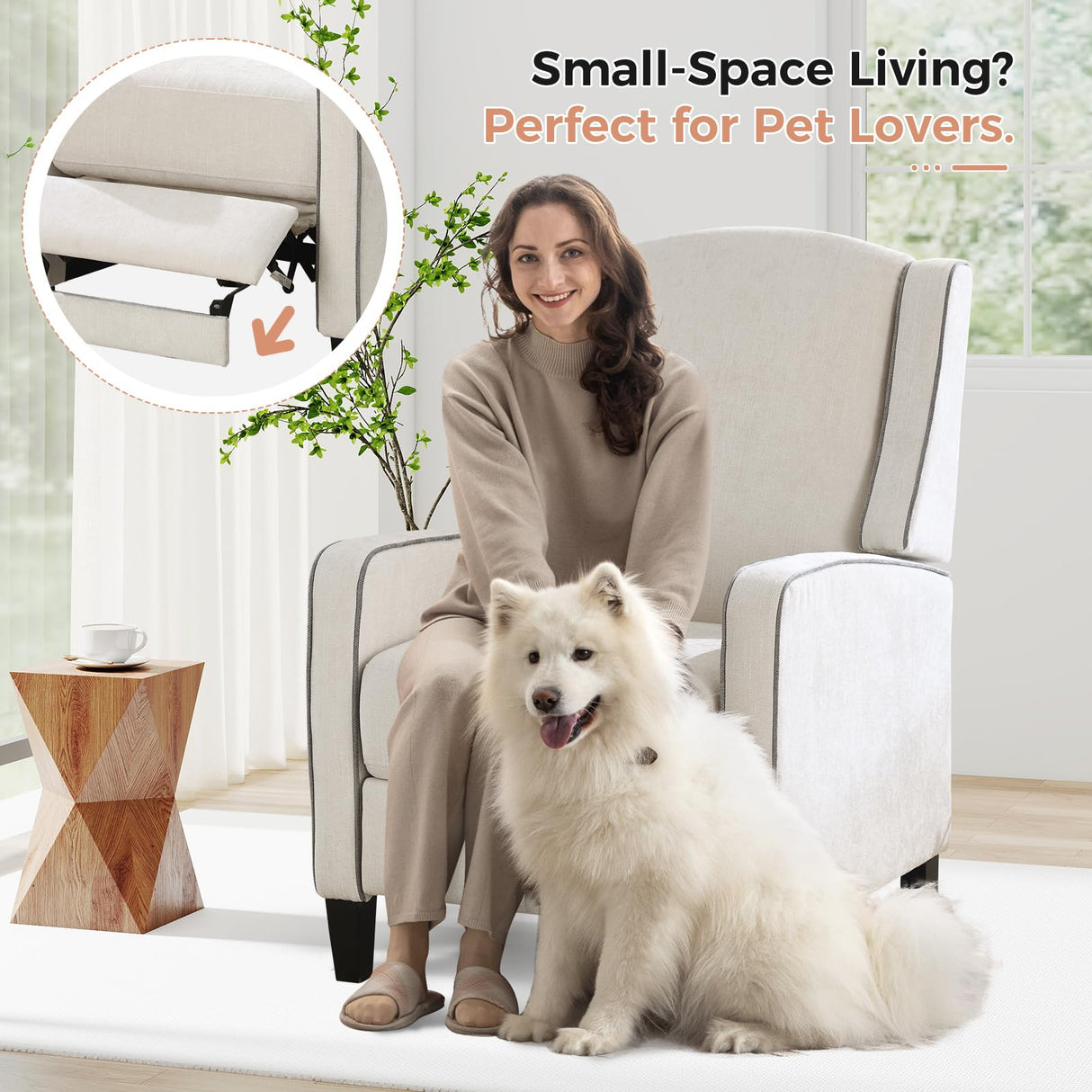 ANJ Push Back Recliner Chair, Soft Fabric Lounge Armchair,Wingback Recliner Single Sofa Chair with Steel-Reinforced Frame,Adjustable Pushback Chair for Living Room, Beige ANJ