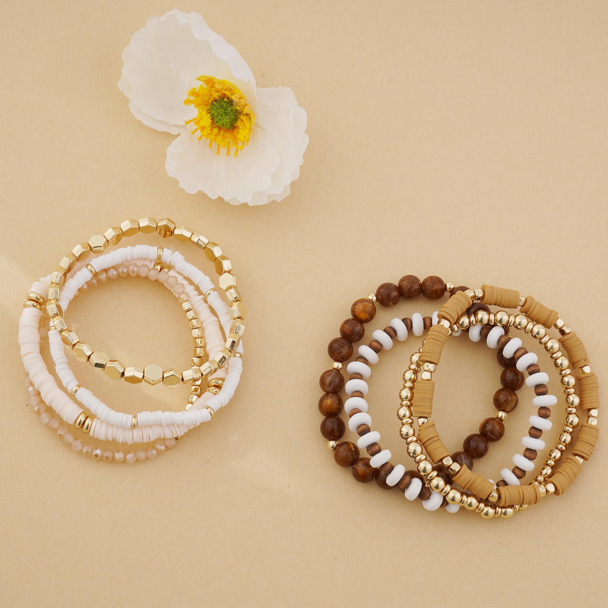 GOOJIDS Surfer Heishi Clay Bead Bracelets for Women Bohemian Stackable Gold Beaded Stretch Bracelets Elastic Layering Friendship Bracelets Set Boho Jewelry (X-Light Brown Set) GOOJIDS