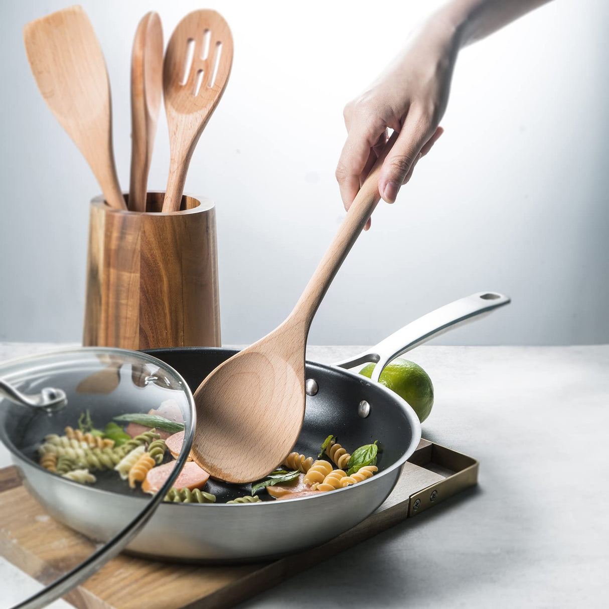 Wooden Spoons for Cooking Wooden Kitchen Utensil Set of 4 Beech Wood Non Scratch BILL.F Wooden Cooking Utensils Spatula Set Including Spoon, Turner,and Slotted Spoon with Long Handle BF BILL.F SINCE 1983