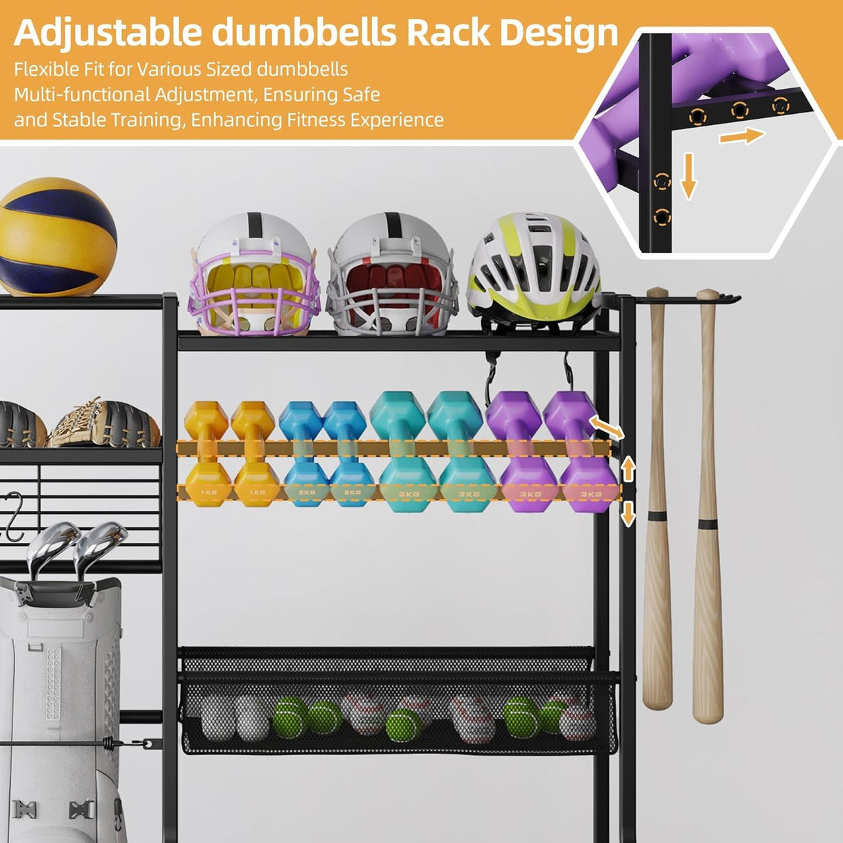 DWVO Sports Equipment Organizer, 3 Golf Bags Storage Stand with Wheels, Sport Gear Accessories Rack and Ball Organizer Bin for Garage DWVO