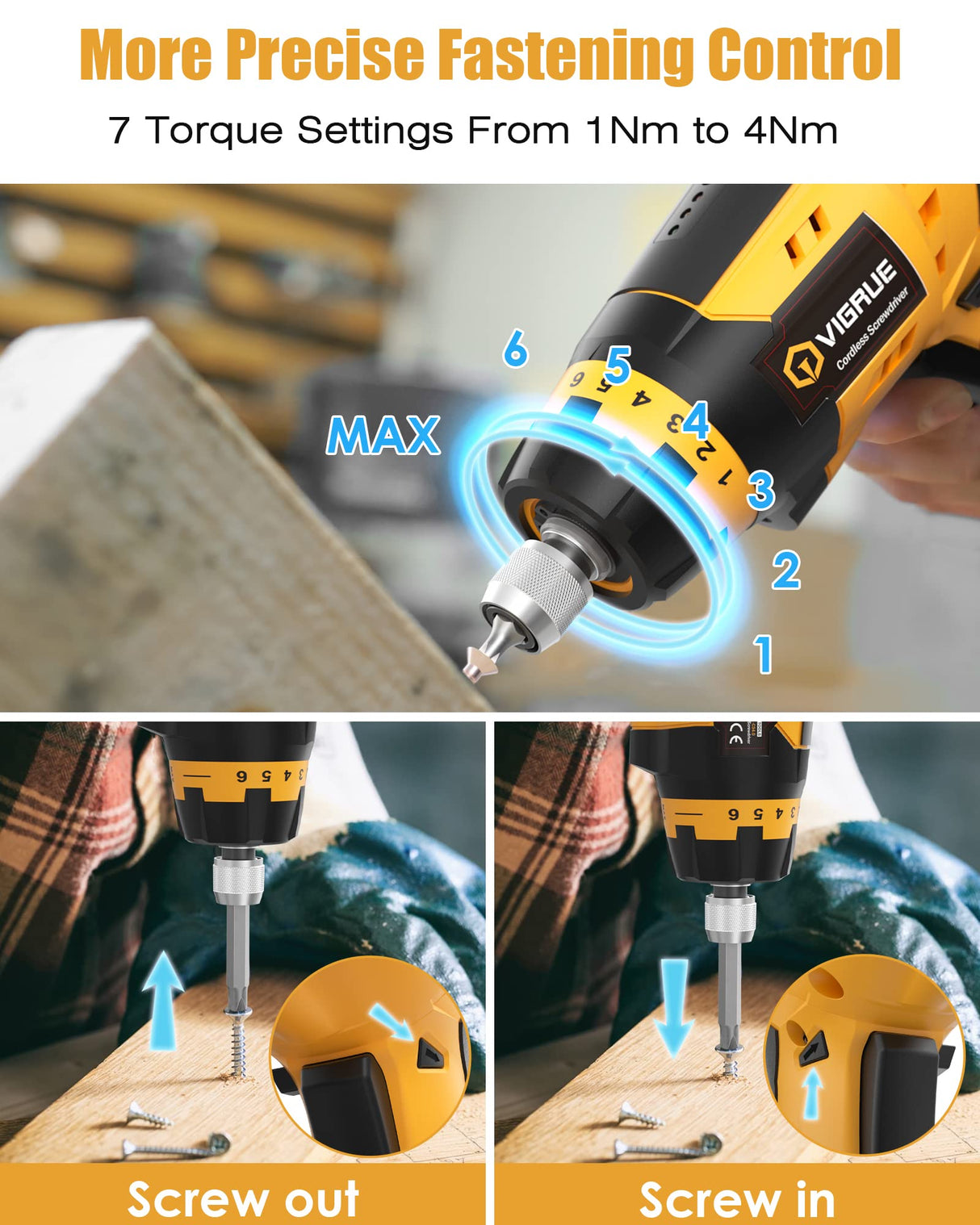 VIGRUE Cordless Screwdriver, Rechargeable Electric Screwdriver with 45 Free Accessories, Battery Indicator, 7 Torque Setting, 2 Position Handle with LED Light, Flexible Shaft VIGRUE