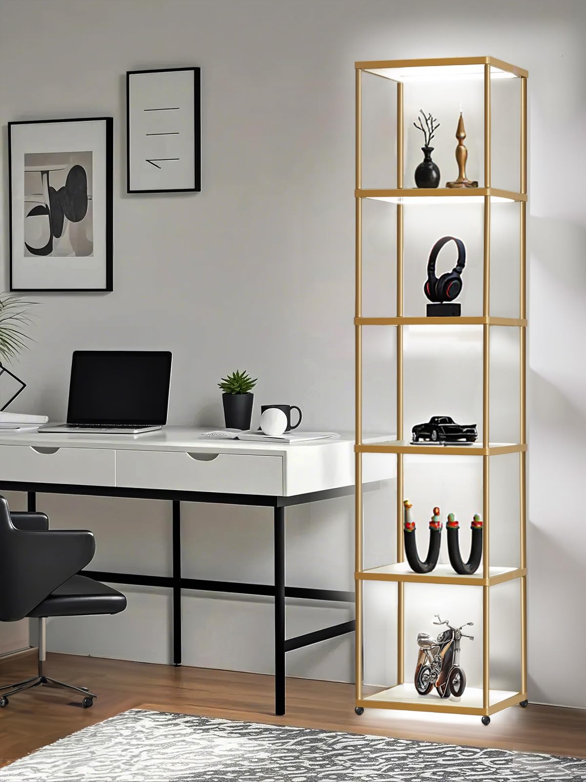 MANBUR Display Shelf with Dimmable LED Floor Lamp, Display Cabinet with Glass Bookcase, Home Decor, Bedroom Decor, Bookshelf with Light, Open Book Shelf with 6-Tier Shelf for Living Room Decor Gold MANBUR