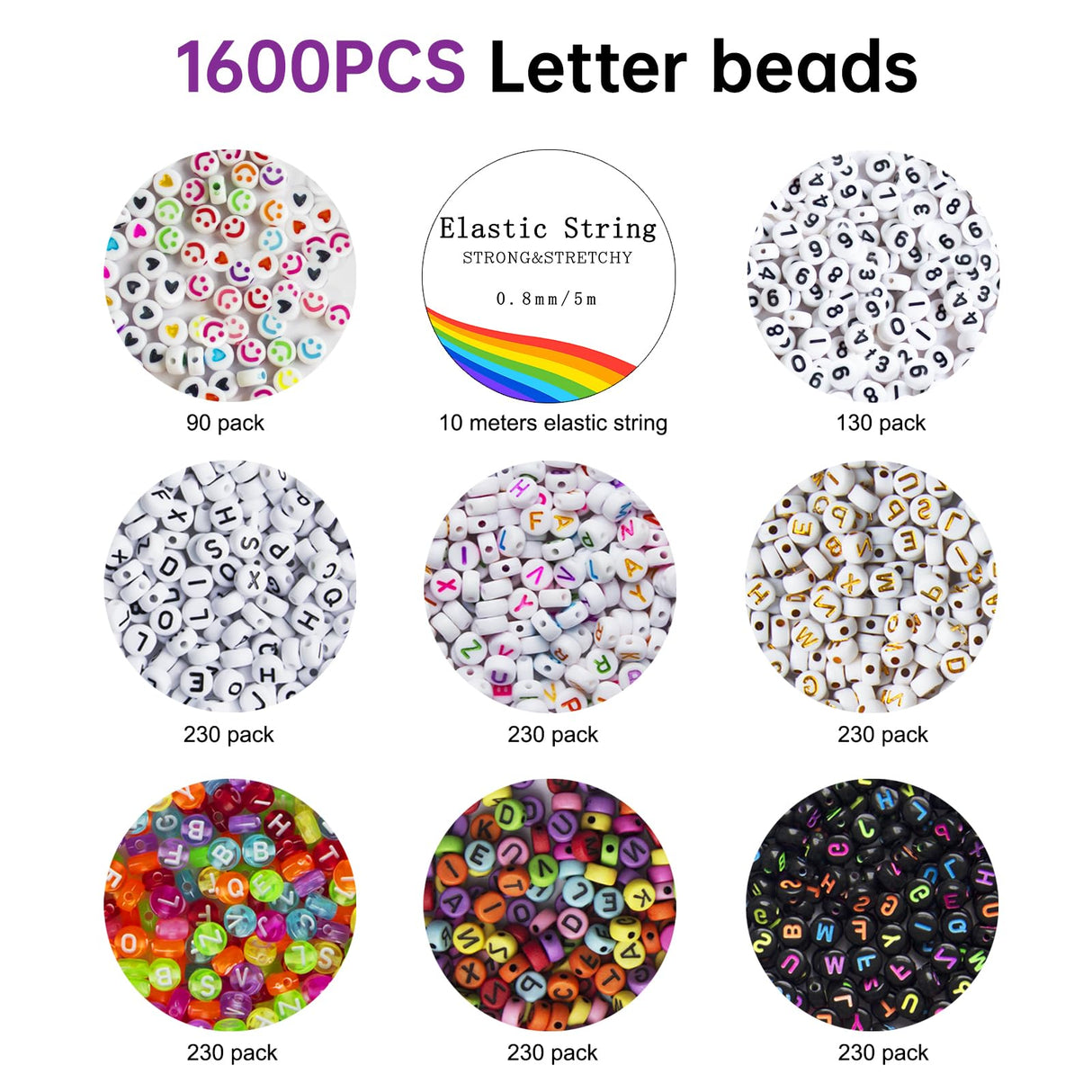 Redtwo 1600 Pcs Letter Beads Kit, 6 Styles of Colorful Alphabet Beads for Bracelet, Number Beads Smiley Face Beads Heart Beads and a Roll of Elastic String for Friendship Bracelet Kit. Redtwo