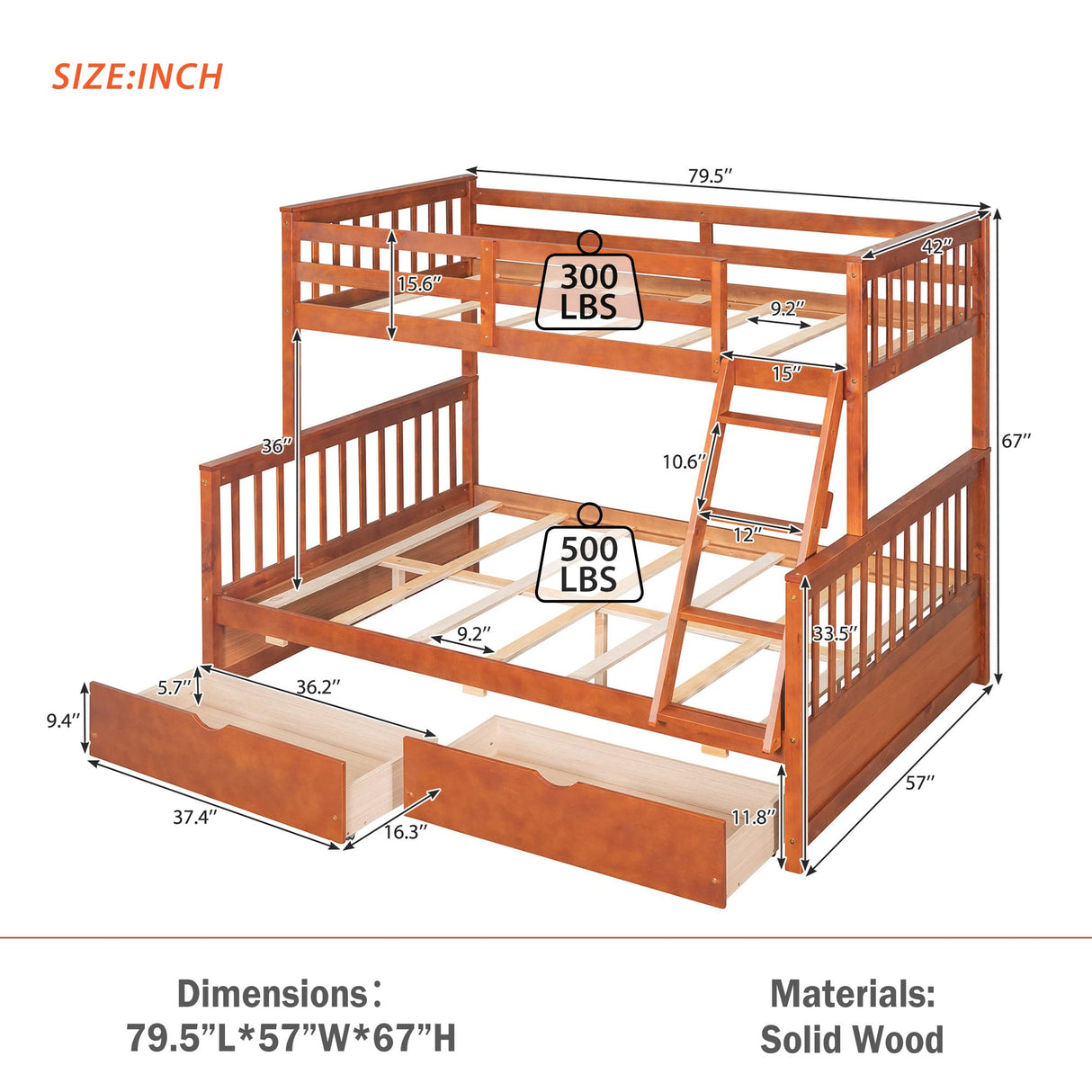 Merax Walnut Convertible Wood Bunk Bed Frame with Ladders and Storage Drawers - Twin Over Full Size Merax