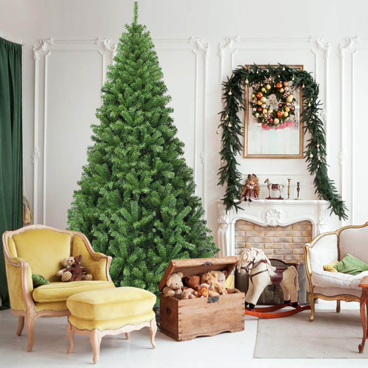 SPSUPE, Classic Unlit Artificial Christmas, Premium Hinged Spruce Full Tree with Solid Metal Stand (9FT), Green, Christmas Tree SPSUPE