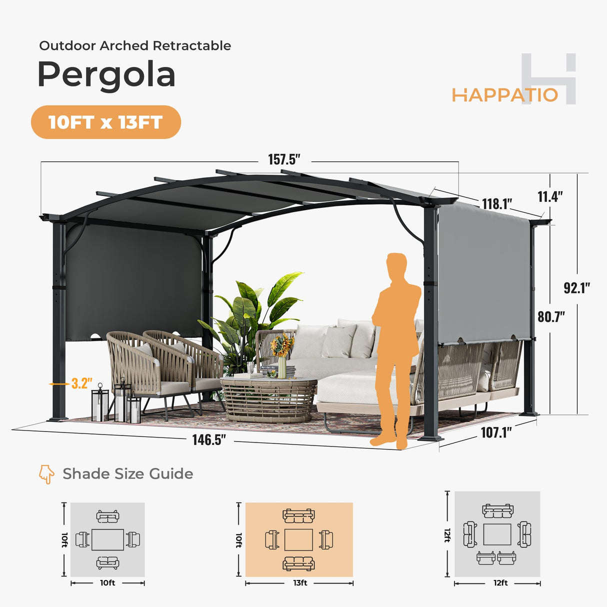 HAPPATIO 10' x13' Outdoor Arched Patio Pergola, Outdoor Retractable Pergola with Sun Shade Canopy, Aluminum Frame with Canopy Fixed in Various Positions for Gardens, Patios, Backyards (Grey) HAPPATIO