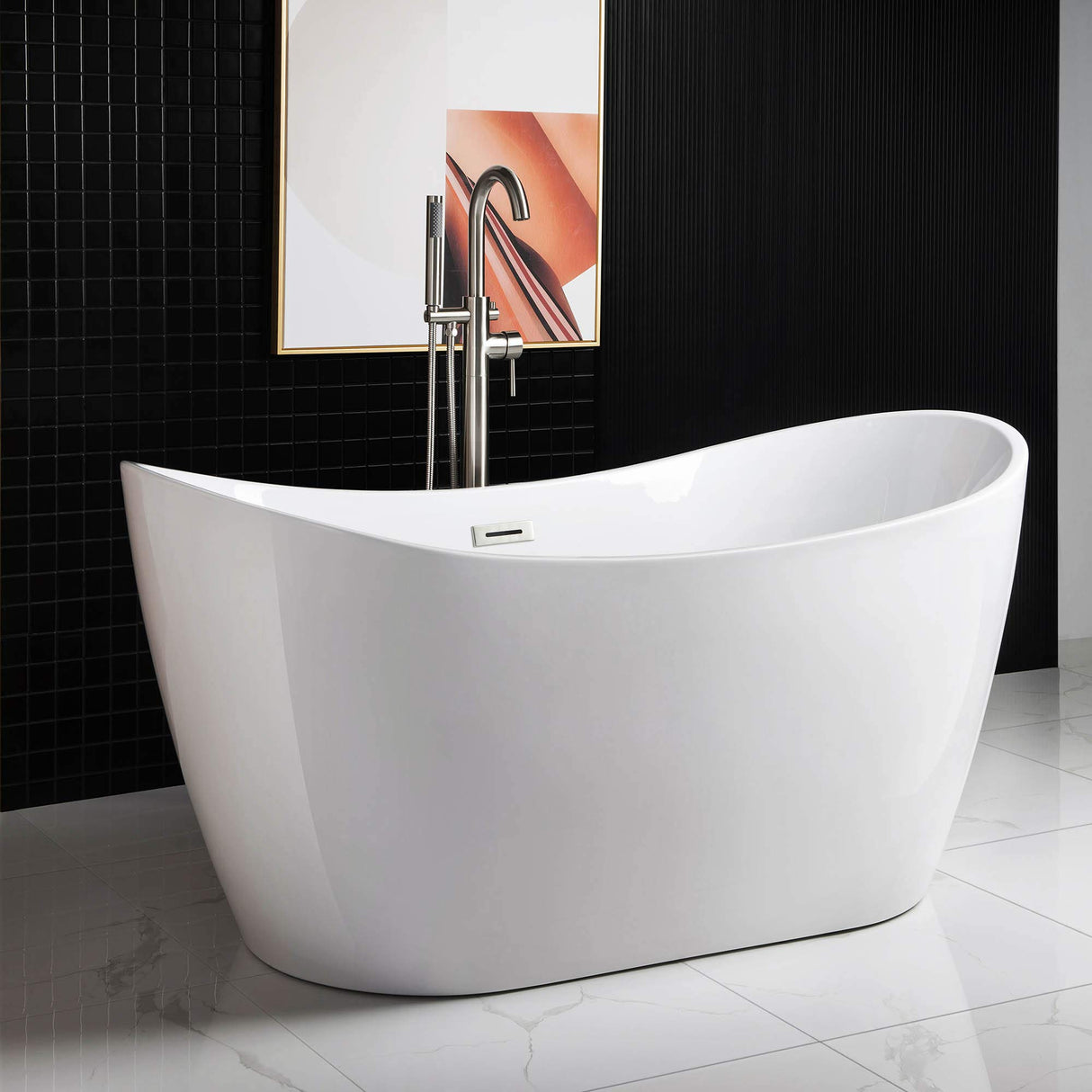 WOODBRIDGE 59" Acrylic Freestanding Bathtub Contemporary Soaking Tub with Brushed Nickel Overflow and Drain B-0016 -B/N-Drain &O WOODBRIDGE