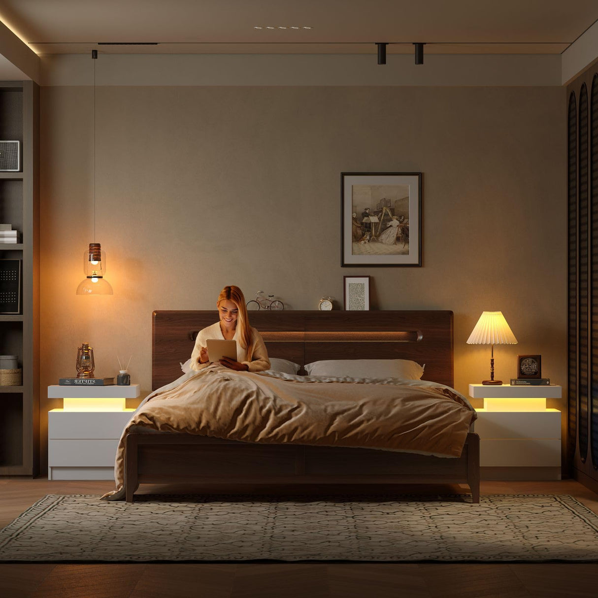 i-aplus Nightstand Set of 2 LED Nightstand with 2 Drawers, Bedside Table with Drawers for Bedroom Furniture, Side Bed Table with LED Light, White i-aplus