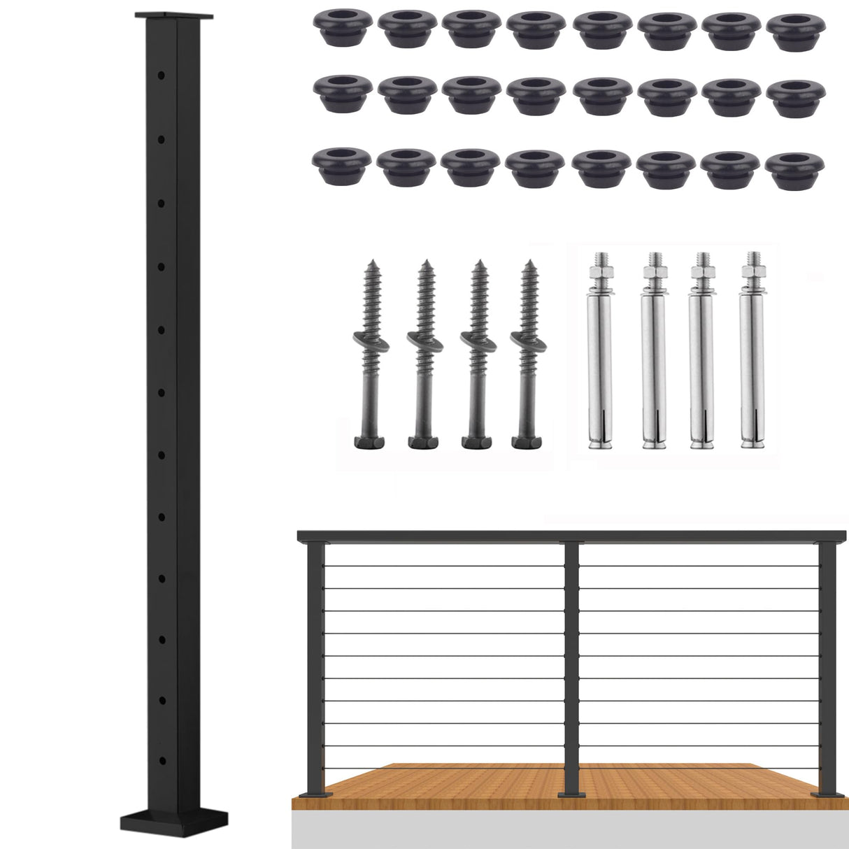 Senmit Cable Railing Post - Stainless Steel Square Fence Post for Deck Cable Railing System, Flat Top 42"x2"x2" - 12 Holes Level Pre-Drilled, Matte Black Senmit