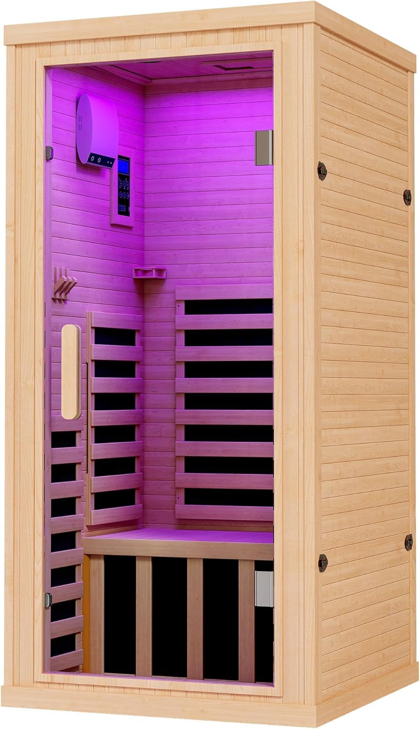 Albott Infrared Sauna Room, 1260W/110V Canadian Hemlock Wood 1 Person Infrared saunas for Home with 7 Color Therapy Lamp, Foot Heater, Dual Bluetooth Speaker, LCD Control Panel, 32.3x32.3x66.1inch Albott