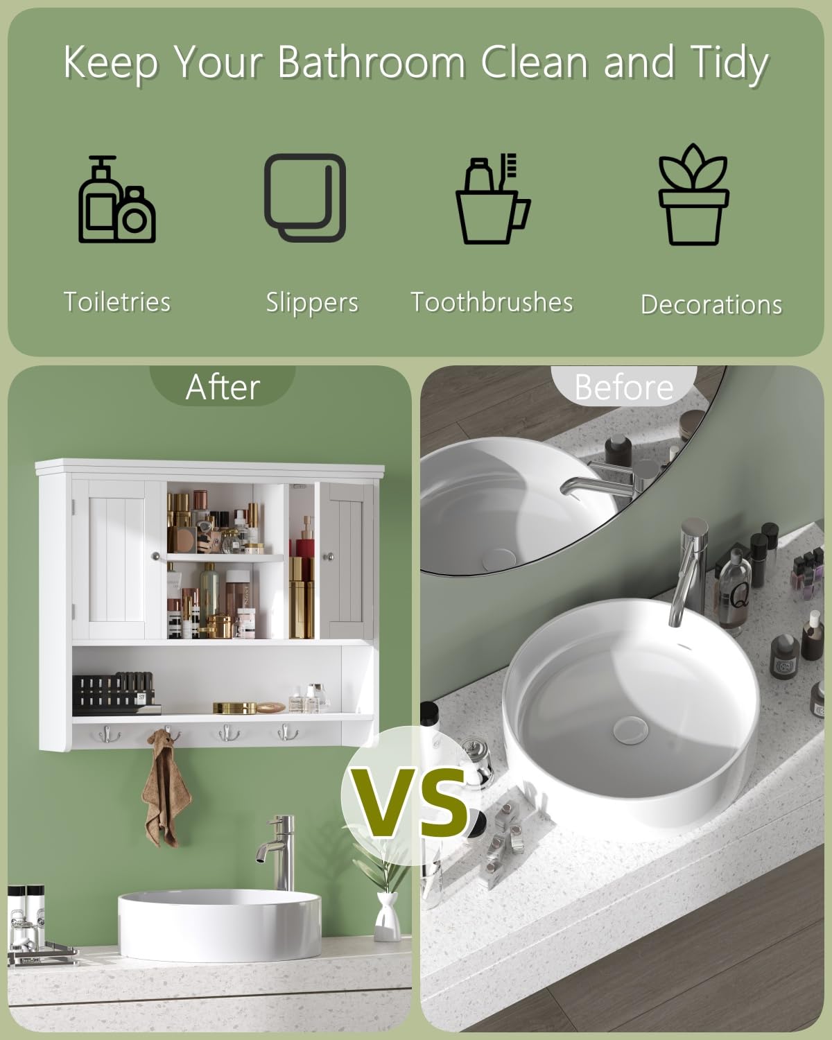 Irontar 31.5" L Large Medicine Cabinet with 4 Hooks, Wooden Bathroom Wall Cabinet with Shelf, Modern Hanging Cabinet Over Toilet, Lined Door, for Living Room, Entryway, Kitchen, White Irontar