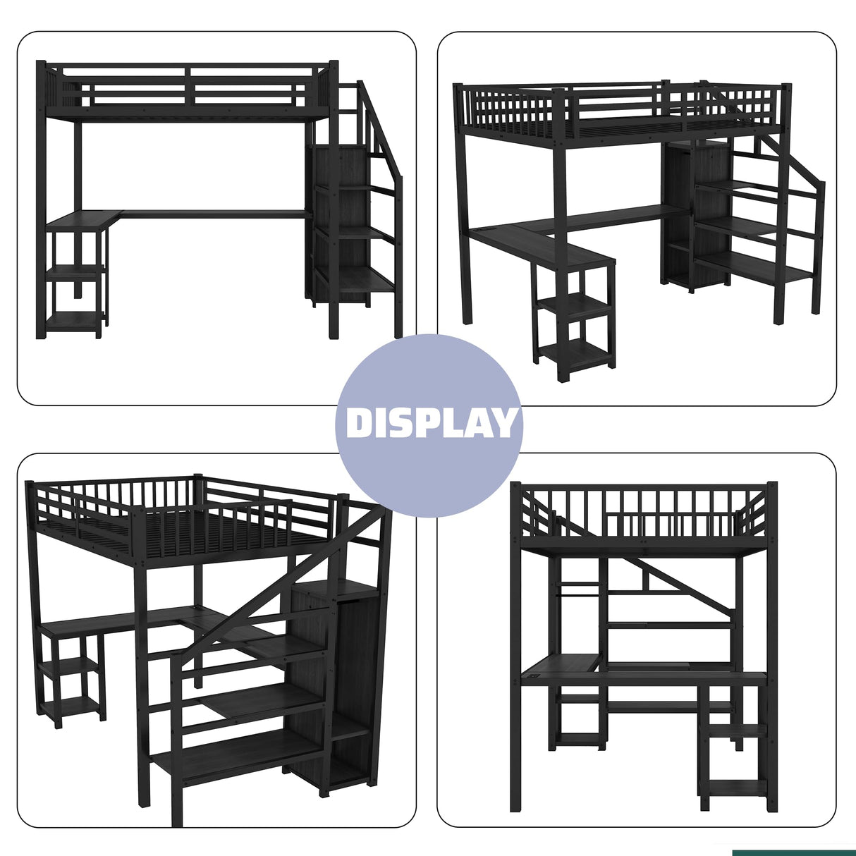 Full Size Loft Bed with Desk,Metal Heavy Duty Full LoftBed with Stairs,Wardrobe and Shelves, High Gaming Loft Beds with LED Light and USB Charging Station for Kids, Teens, Adults, Black Mirightone