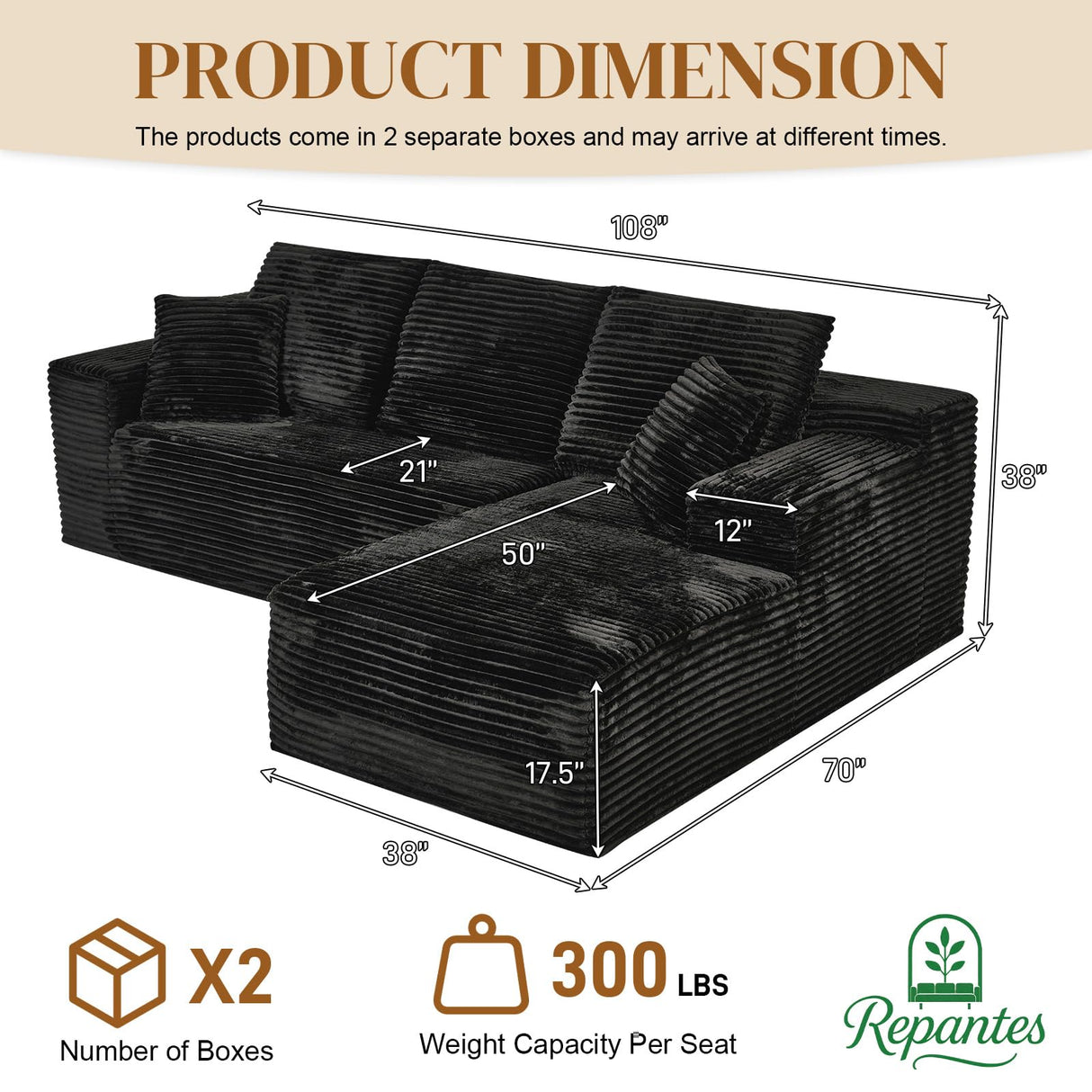 Repantes 108" L Shaped Boneless Sectional Couches for Living Room, Comfy Corduroy Floor Cloud Sofa with Chaise, Wide Armrest, Deep Seat, Memory Foam, Assembly Free, Ideal for Small Spaces, Black Repantes