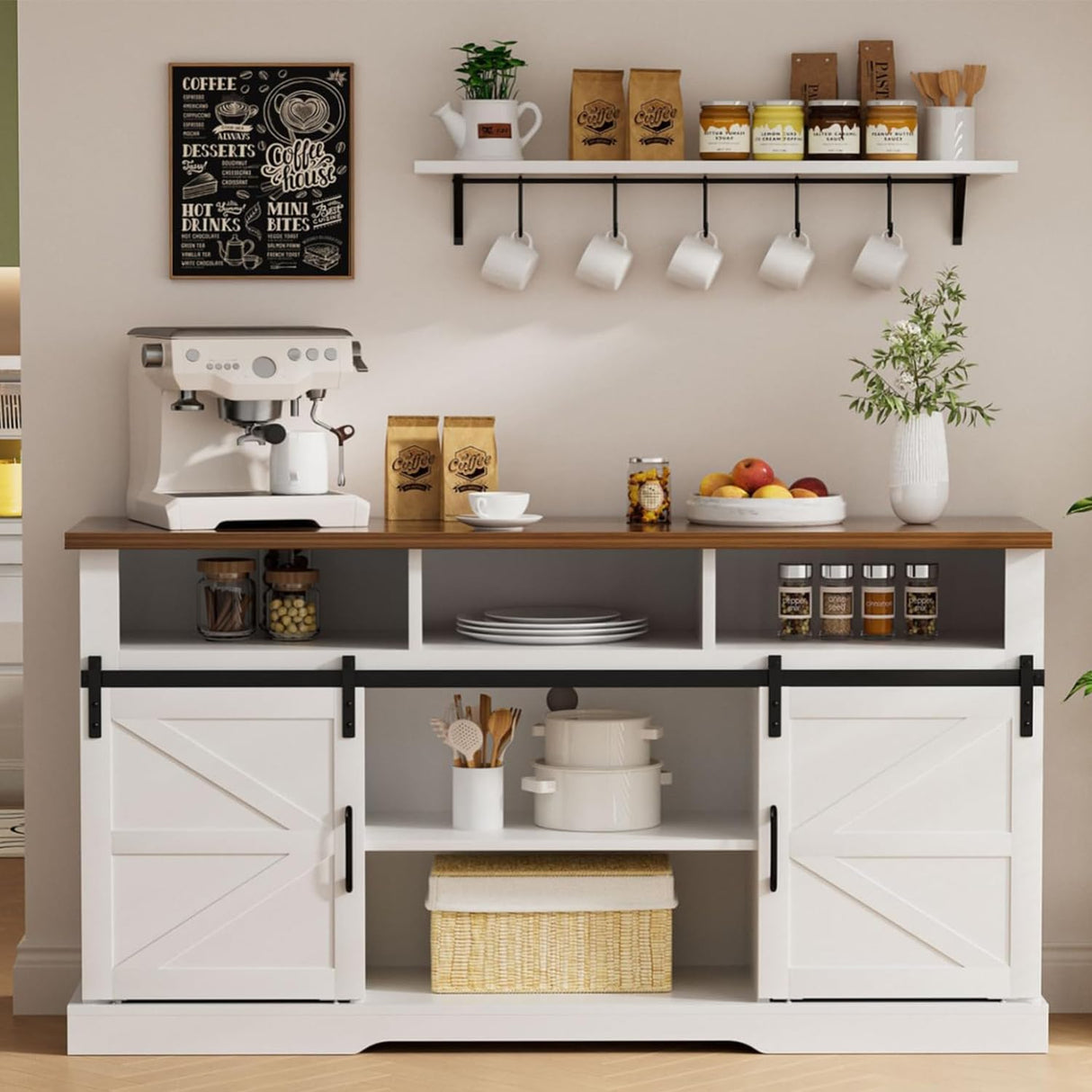 SYESWAY Farmhouse Coffee Bar, 58”Coffee Bar Cabinet with Sliding Barn Door and Adjustable Shelf, Kitchen Buffet Cabinet with Storage for Kitchen, Dining Room, Living Room, White SYESWAY