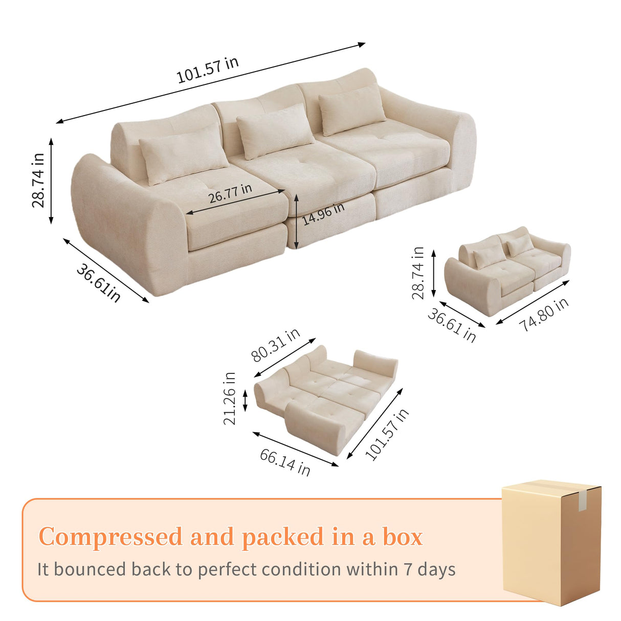 MAXMAXX 102" Cloud Sofa, 4-in-1 Folding Sofa Bed, Floor-Standing Boneless Couch, Futon Sofa Bed for Living Room, Bedroom and Entertainment Room (Beige) MAXMXX